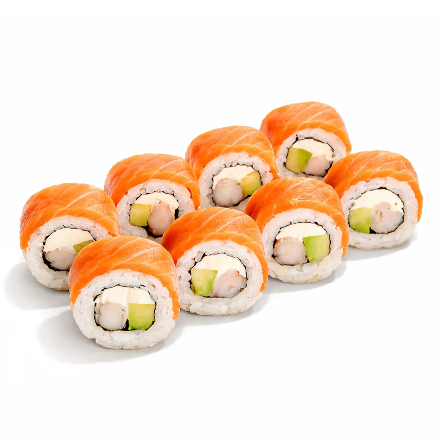 Ролл с лососем, креветками и авокадо - Свежий лосось, ароматные креветки, сливочный сыр и спелый авокадо