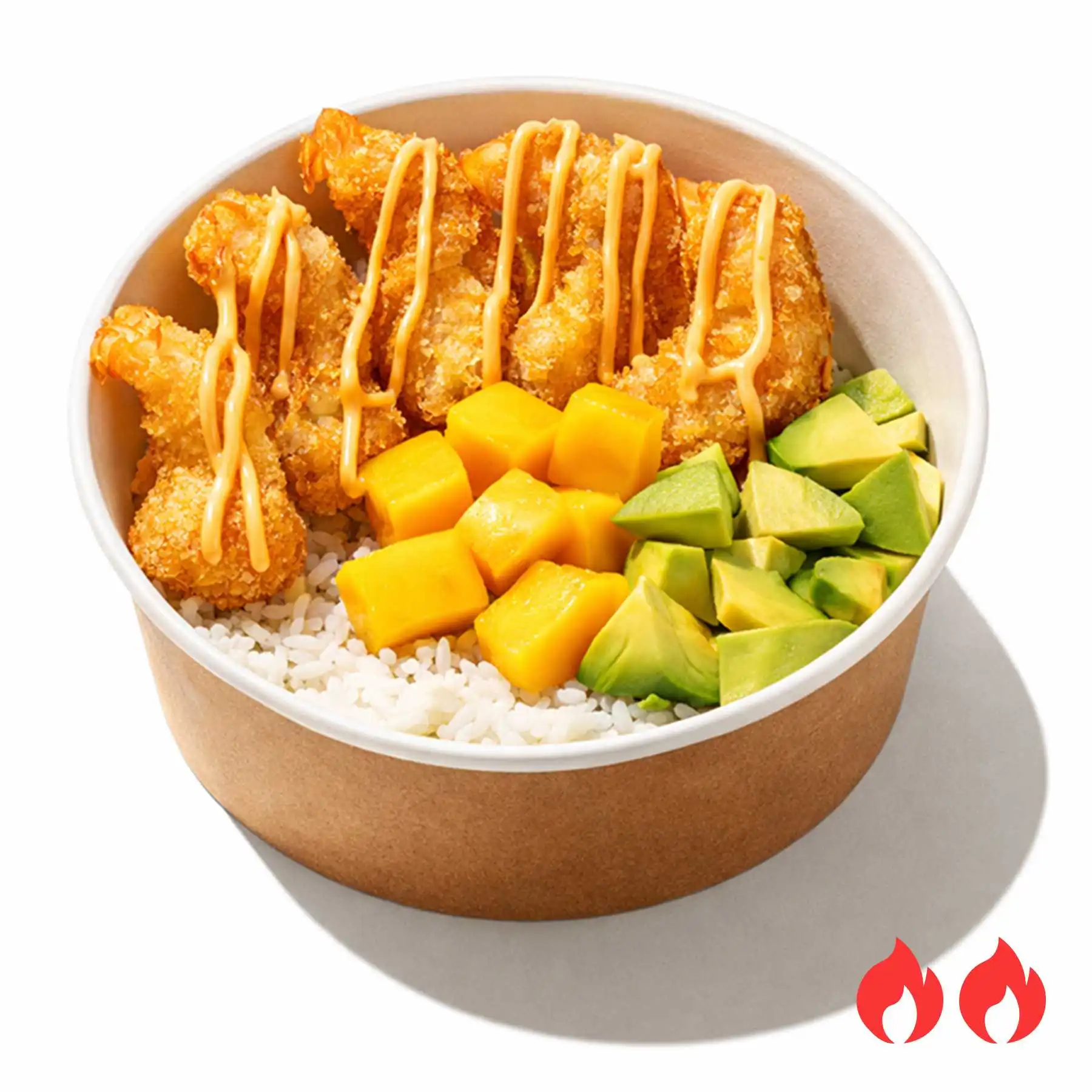 Боул Креветки Кацу с рисом и соусом Том Ям - Пять сочных креветок в хрустящей панировке с рисом, спелым авокадо, консервированным манго и пикантным соусом том ям