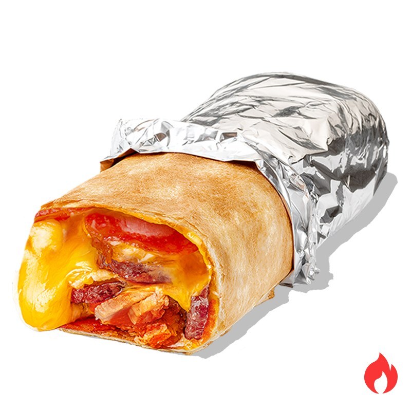 Супермясной ролл - Запеченный ролл с цыпленком, моцареллой, сочными свиными колбасками, острыми колбасками чоризо и соусом бургер в тонкой пшеничной лепешке