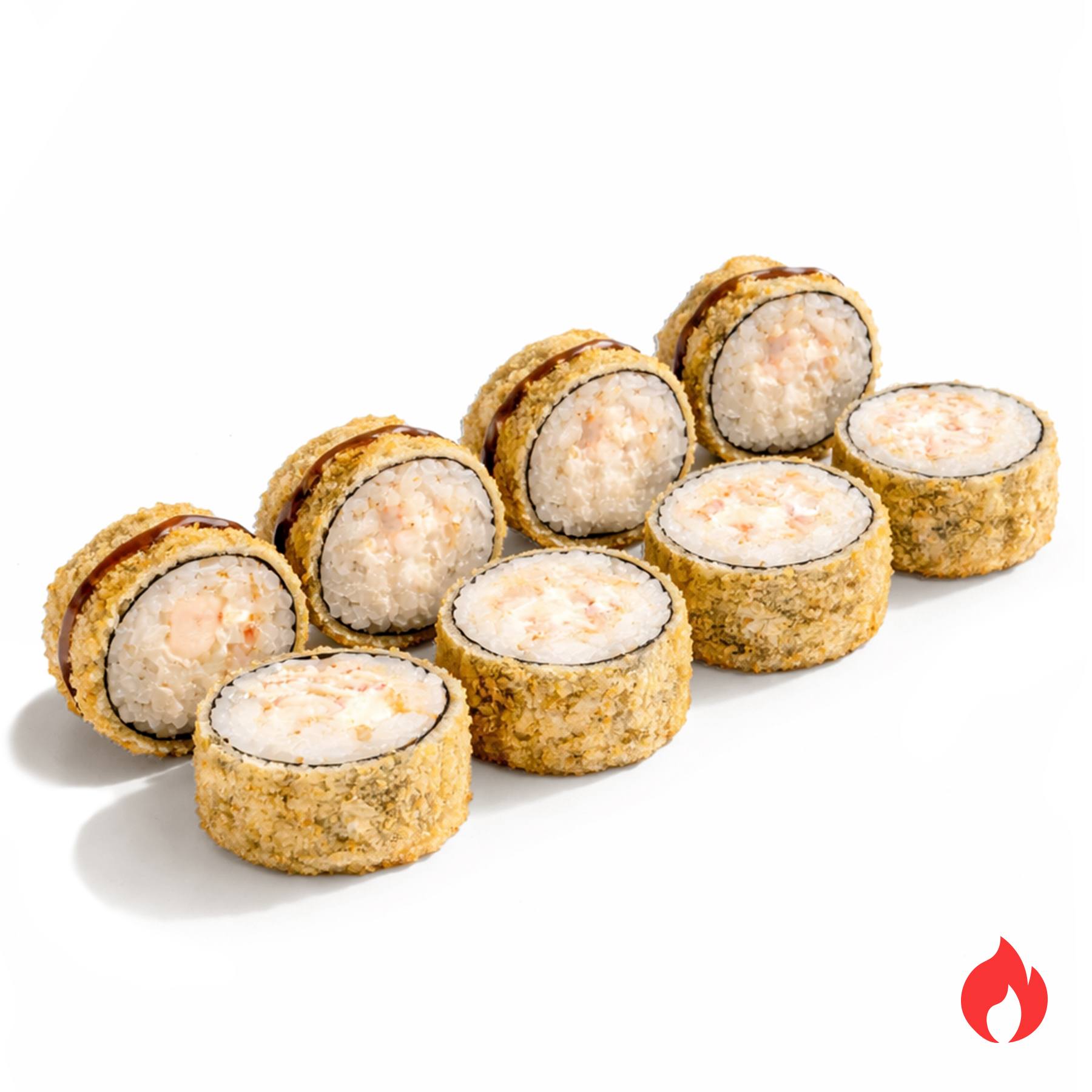 Темпура ролл с креветкой - Ароматные креветки, крабовый микс, сливочный сыр, острый соус шрирача, кляр, сухарики панко и соус унаги