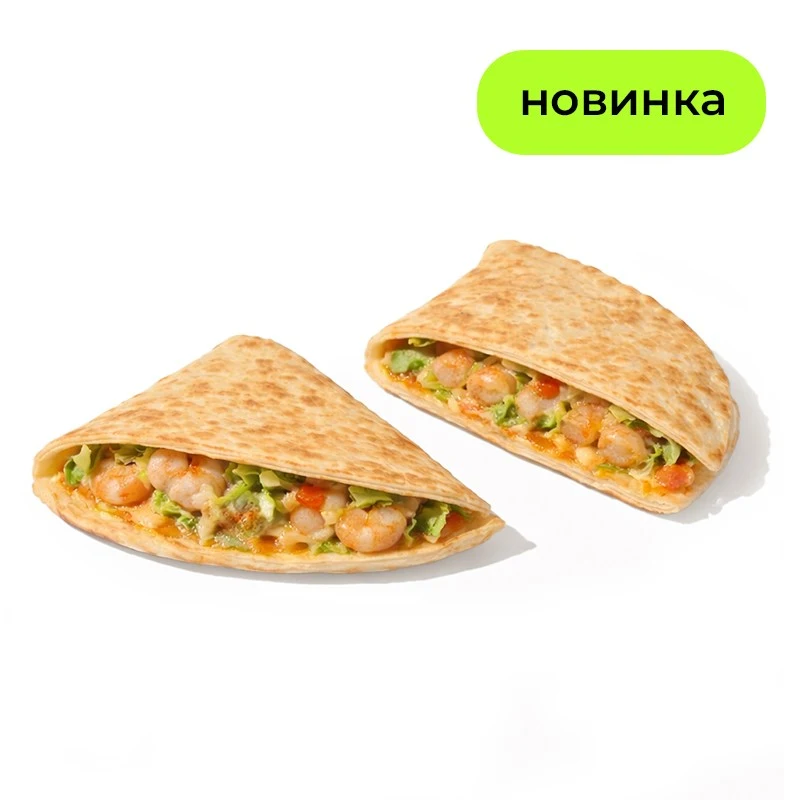 Роти Креветки Спайси - Ароматные креветки гриль, сливочный сыр, моцарелла, пикантный соус, салат айсберг и лепешка роти