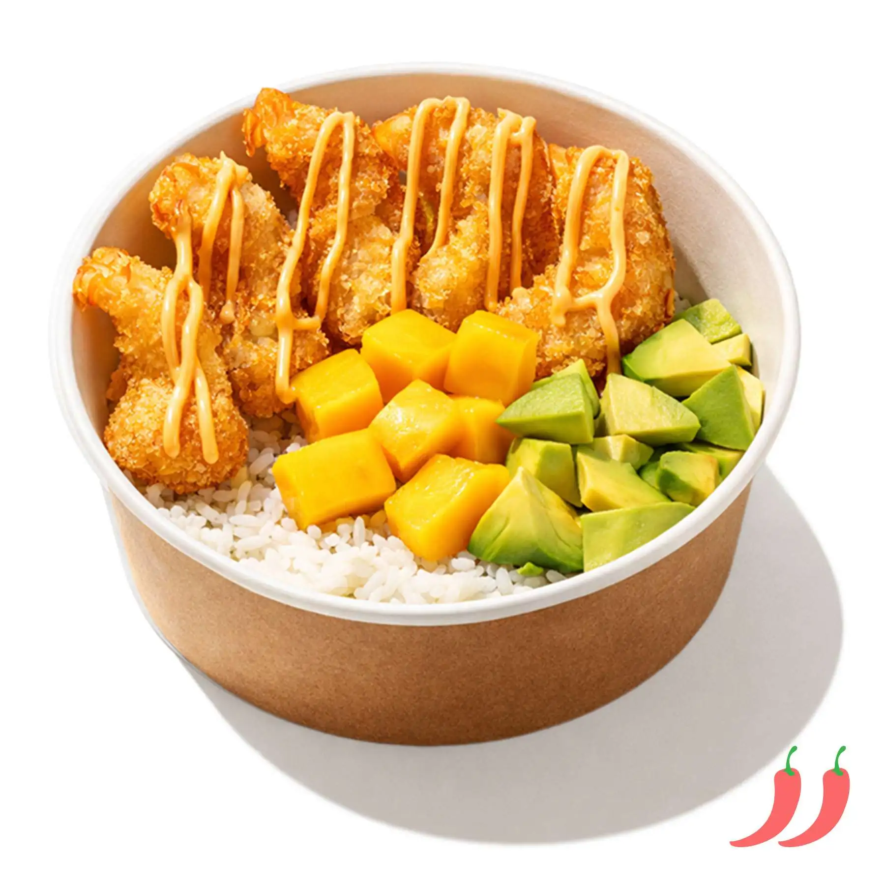 Боул Креветки Кацу с рисом и соусом Том Ям - Пять сочных креветок в хрустящей панировке с рисом, спелым авокадо, консервированным манго и пикантным соусом том ям