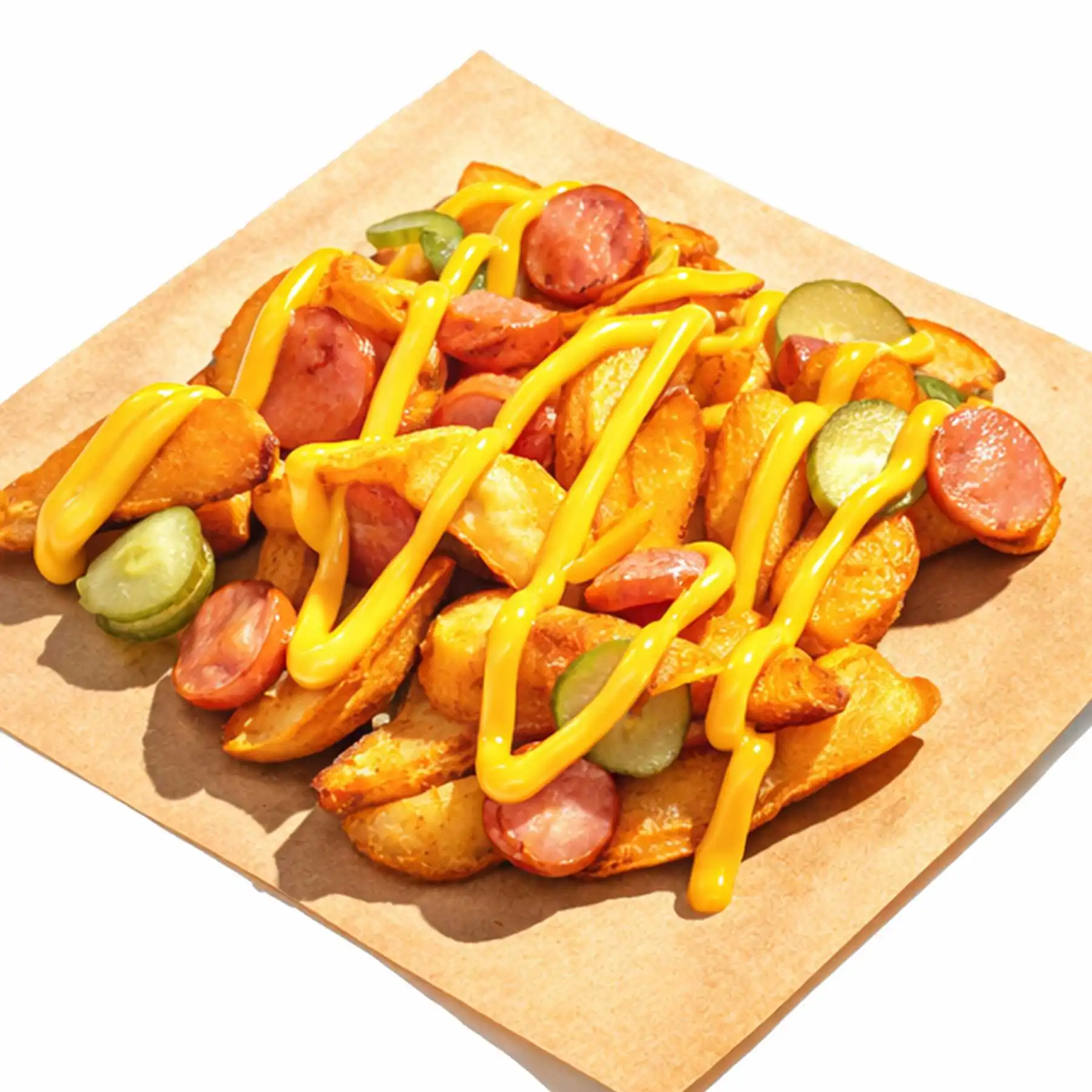 Ланчбокс по-деревенски - Ароматные картофельные дольки с сочными сосисками, маринованными огурчиками и пикантным горчичным соусом