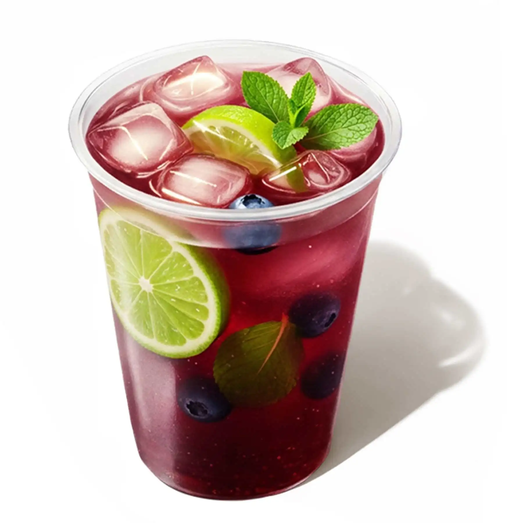 Лимонад черничный мохито - Черника, мята, лайм, сок лимона, сироп мята, основа черника-голубика, газированная вода, лёд