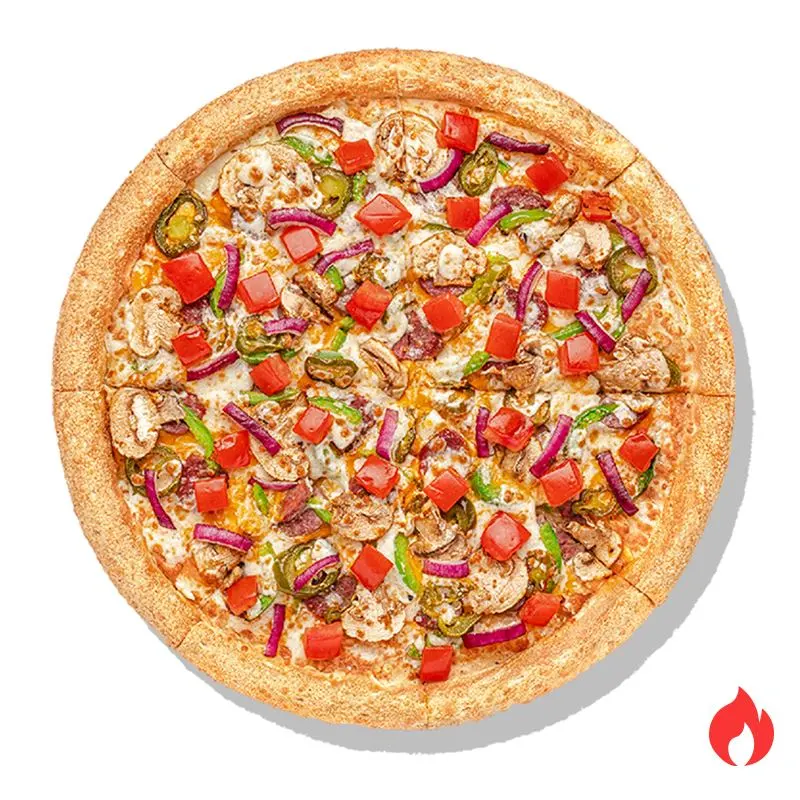 Нью Мексико - Цыплёнок, сладкий перец, томаты, шампиньоны, красный лук, острый перчик халапеньо, сыры чеддер и моцарелла, соус 1000 островов