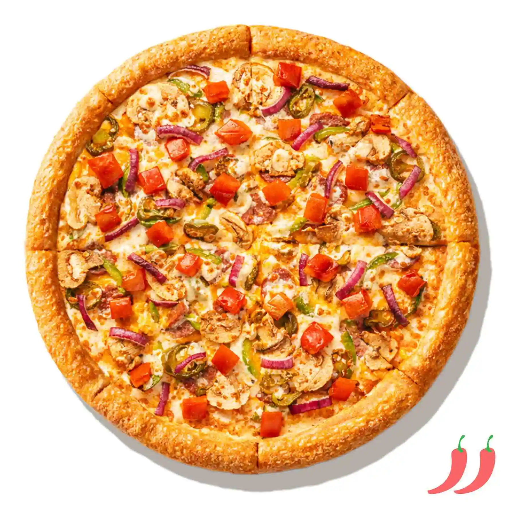 Нью Мексико - Цыплёнок, сладкий перец, томаты, шампиньоны, красный лук, острый перчик халапеньо, сыры чеддер и моцарелла, соус 1000 островов