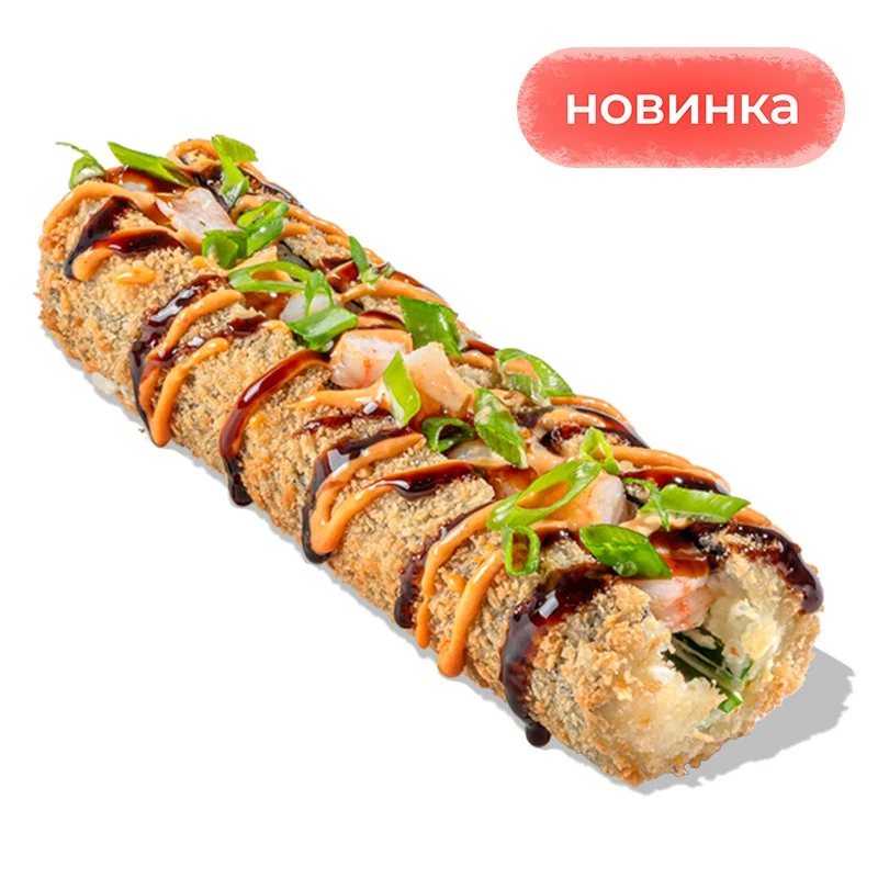 Маки-дог Том Ям с креветками - Ароматные креветки, сливочный сыр, хрустящий огурчик, рис, нори, соус унаги, зелёный лук и пикантный соус том ям