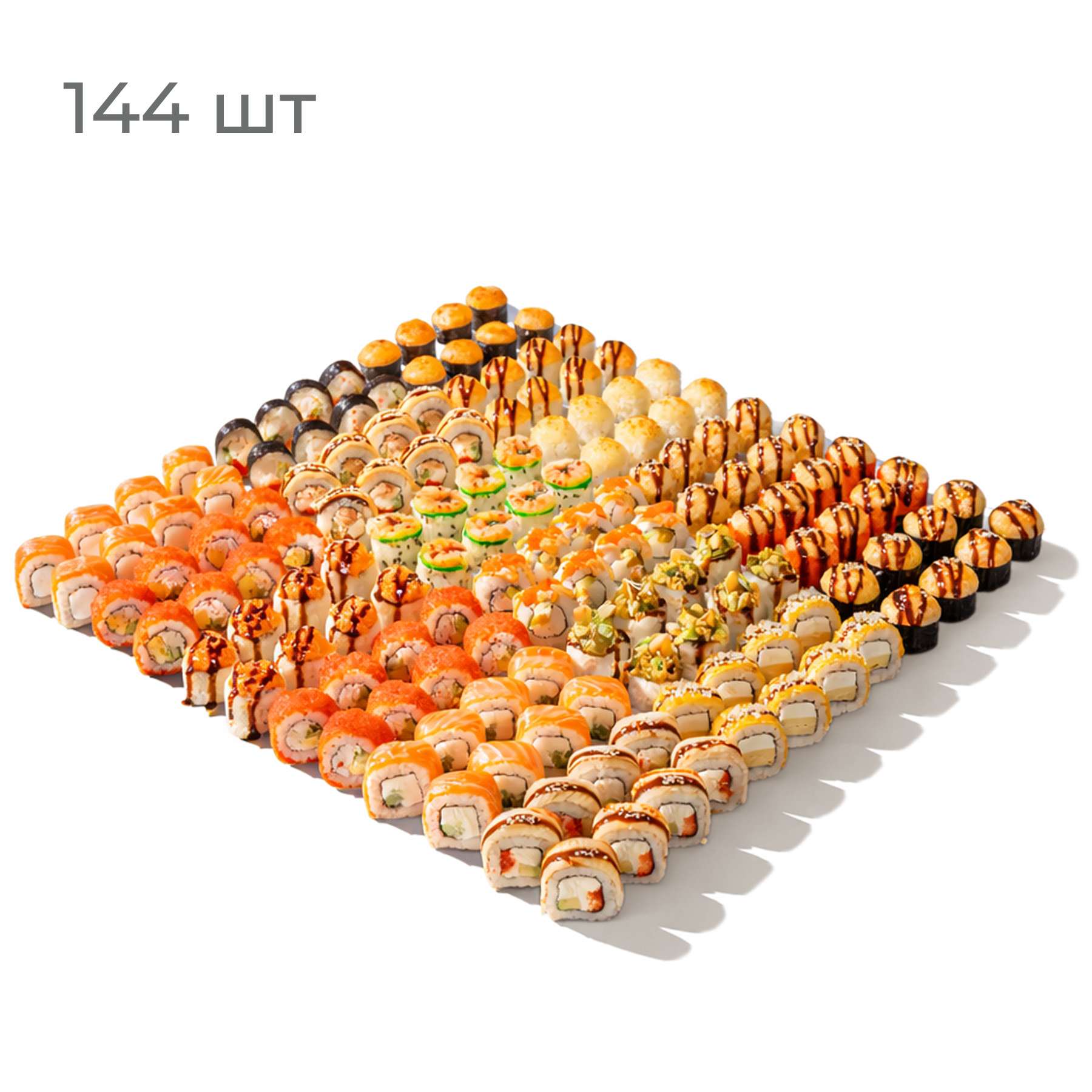 Фейерверк - Праздничный сет из восемнадцати роллов: Филадельфия, Филадельфия с огурцом, ролл с крабом и огурцом, Тропический Краб, Сливочный Угорь, ролл с омлетом и сыром, Лосось Тартар, Угорь Тартар, Креветка Васаби, Сливочная Креветка, Лосось Терияки, Калифорния с крабом, ролл с острым крабом, Горячая Мидия, Сливочный Цыпленок, запеченный ролл Сливочная Креветка, запеченный ролл с цыпленок и жаренным луком, запеченный ролл с крабом и авокадо