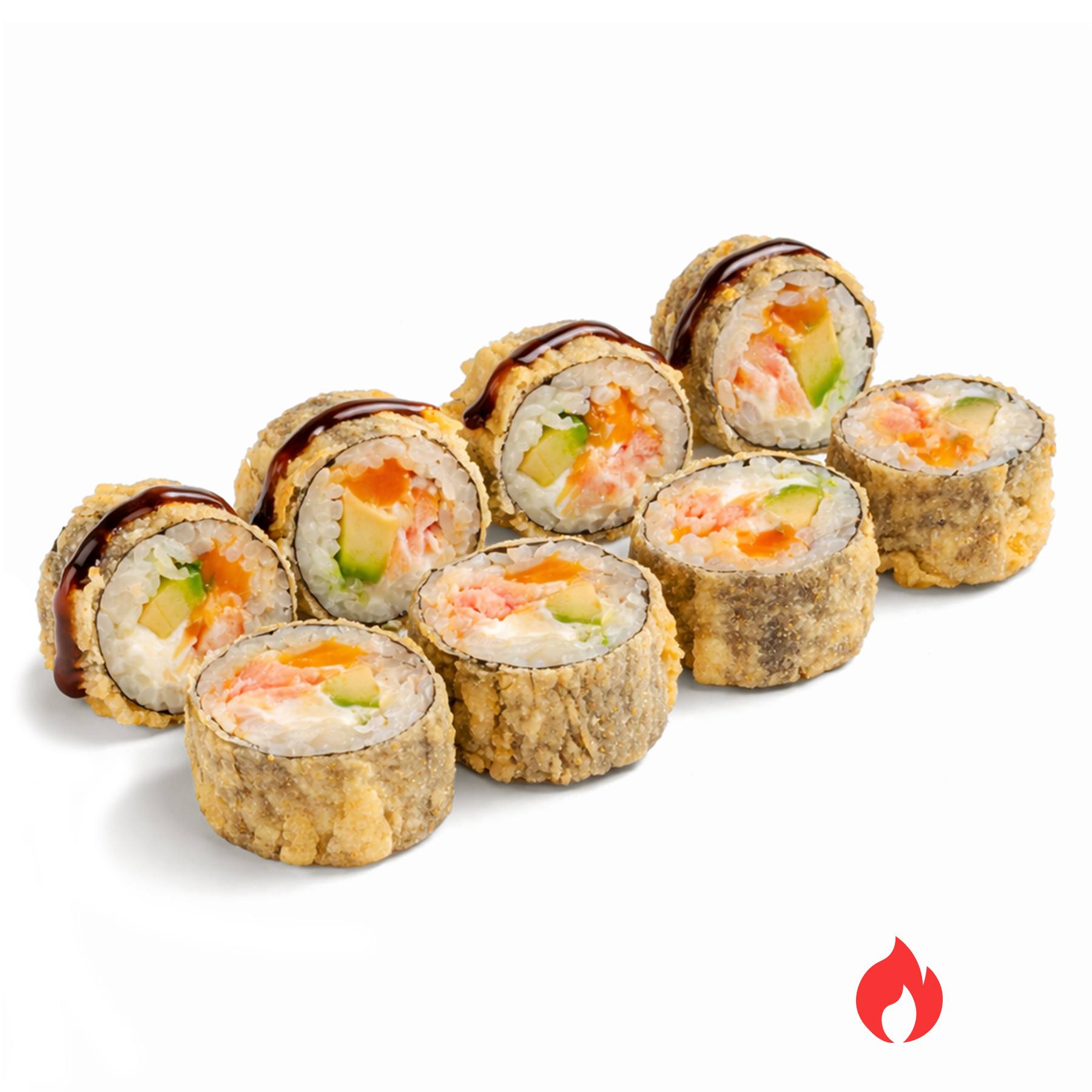 Темпура ролл с лососем - Свежий лосось, спелое авокадо, сыр чеддер, сливочный сыр, пикантный соус, кляр и соус унаги