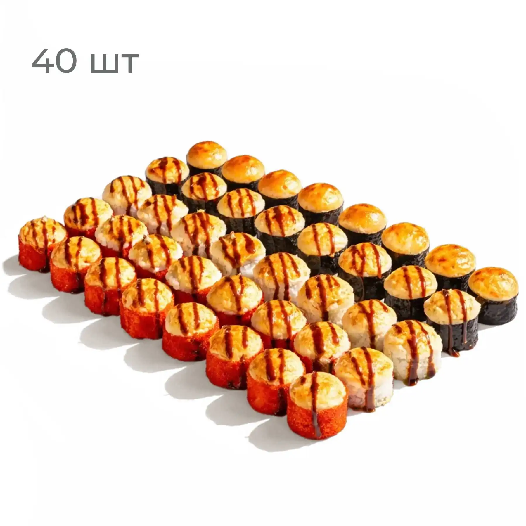 Горячая Пятерка - Запеченный ролл с лососем и крабом, Сырный Цыпленок, ролл с крабом и авокадо, Горячая Мидия и запеченный ролл Сливочная Креветка