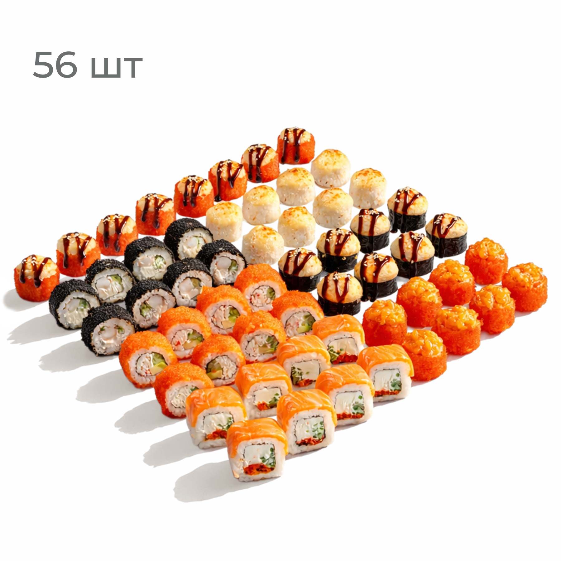 Великолепная Семерка - Сливочный Лосось, Калифорния с крабом, Черная Жемчужина, Фудзи, Сливочный Цыпленок, запеченный ролл Сливочная Креветка и ролл с острым крабом