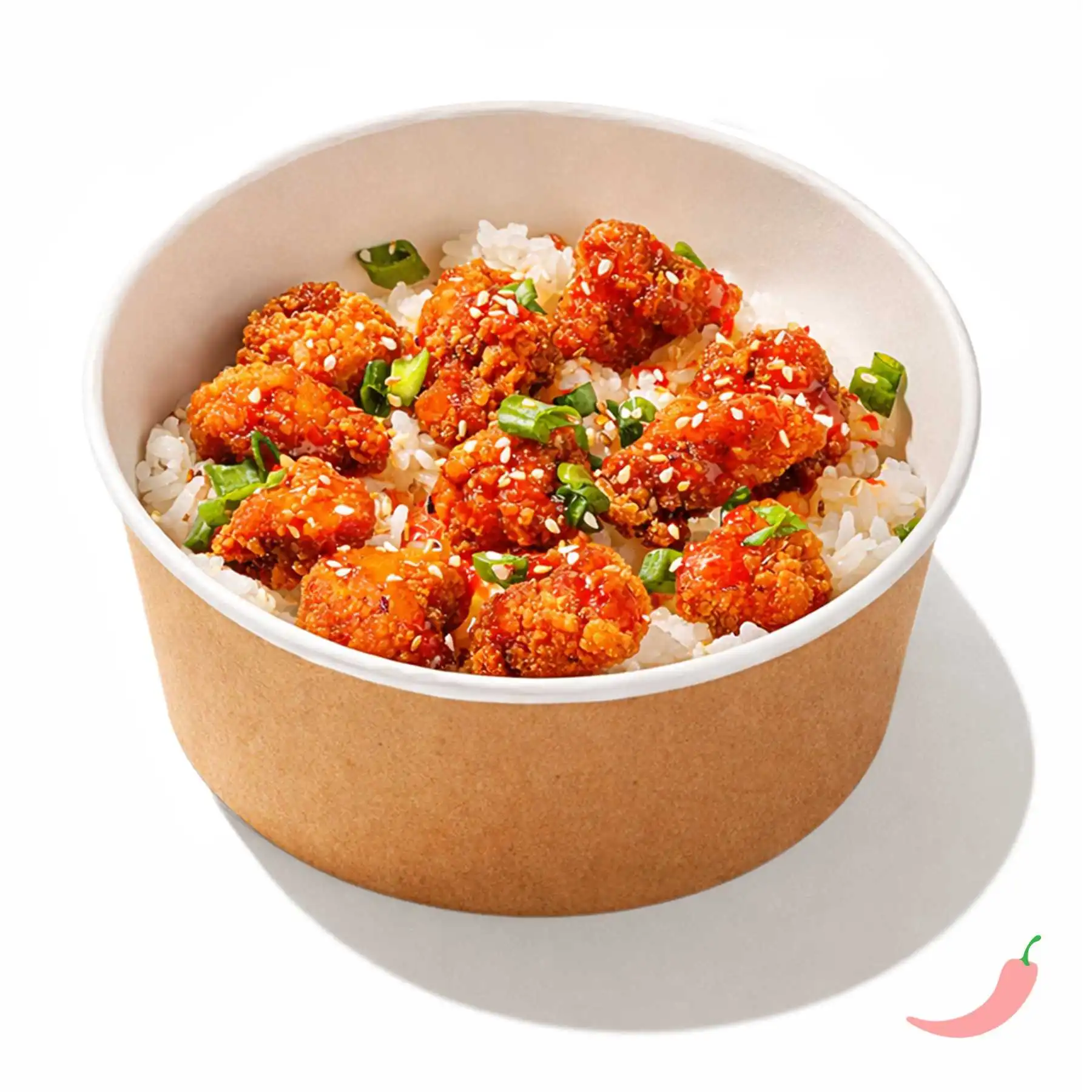 Боул с цыпленком по-корейски - Обжаренные во фритюре куриные кусочки с рисом, зеленым луком и сеульским соусом с арахисом