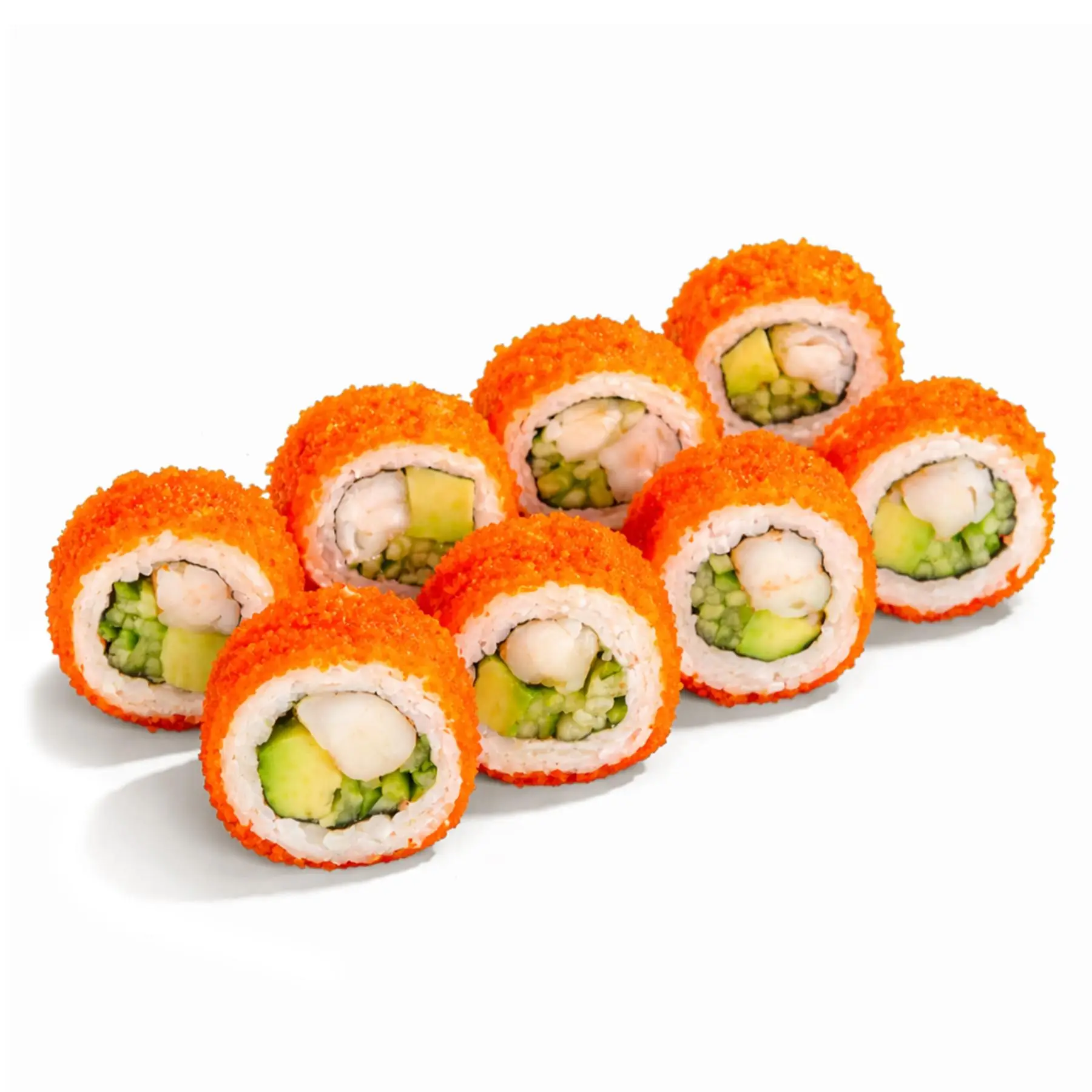 Ролл Калифорния с креветкой - Ароматные креветки, спелое авокадо, хрустящий огурчик, икра масаго и японский майонез