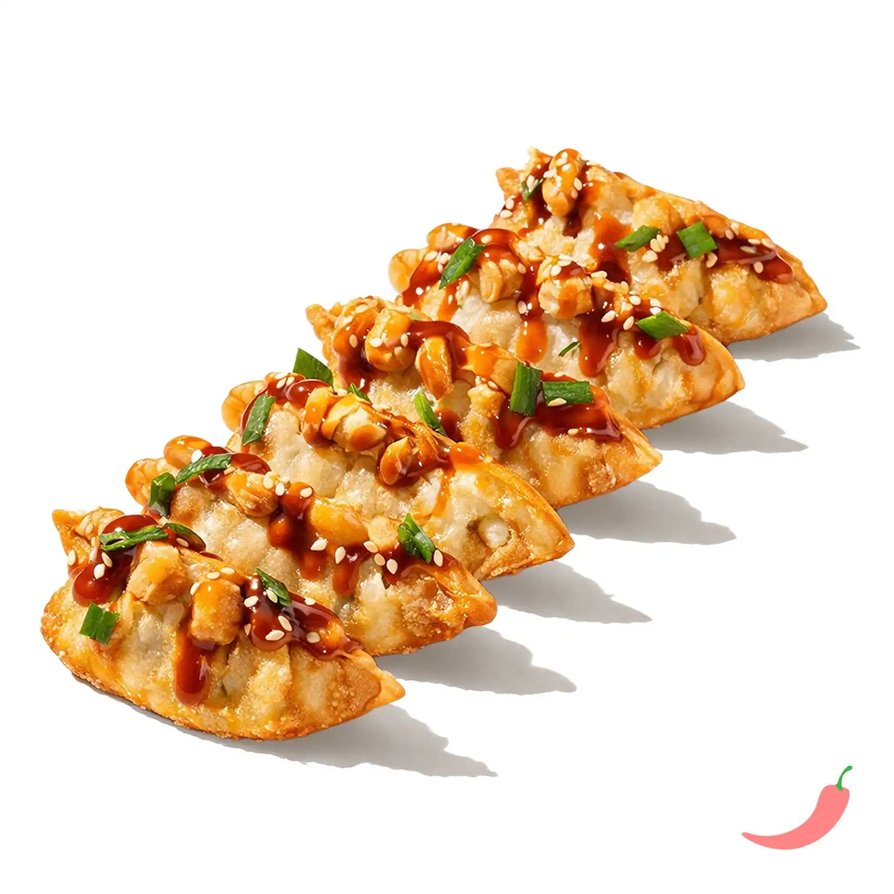 Гедза со свининой - Обжаренные во фритюре японские пельмешки со свининой под соусом тонкацу, шрирача и зеленым луком