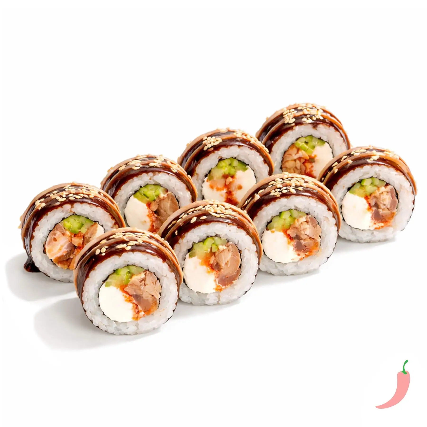 Ролл Лосось Терияки - Лосось терияки, сливочный сыр, японский майонез, икра масаго, хрустящий огурчик, острый соус, унаги и белый кунжут