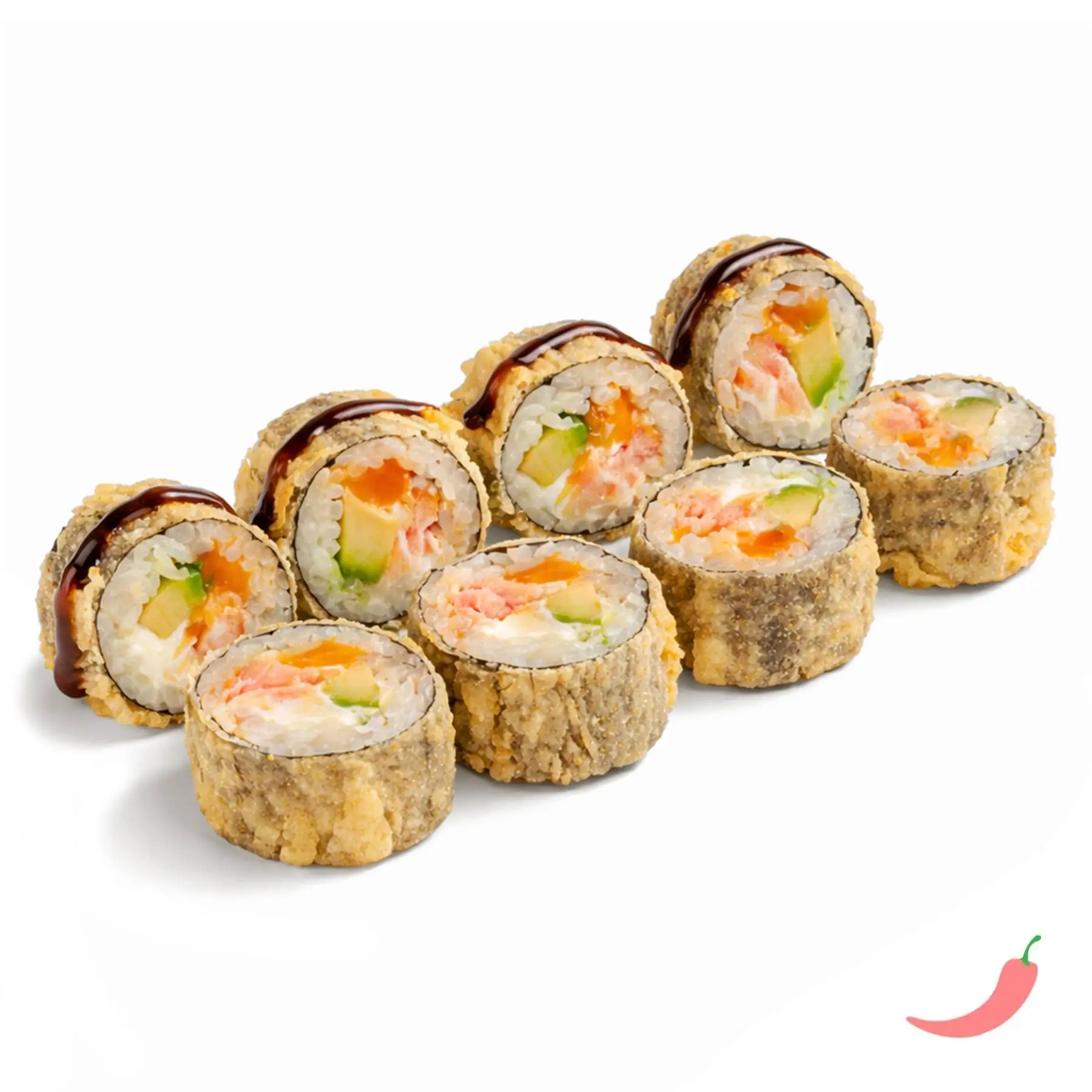 Темпура ролл с лососем - Свежий лосось, спелое авокадо, сыр чеддер, сливочный сыр, пикантный соус, кляр и соус унаги