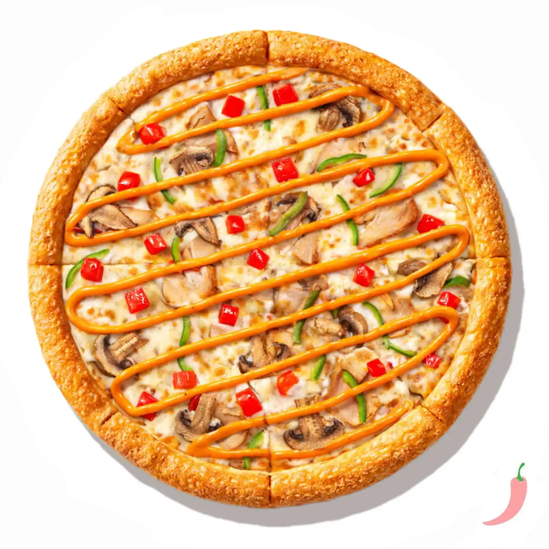 Том Ям Пицца - Легендарный вкус в формате пиццы! Идеальное сочетание цыпленка, свежих томатов, шампиньонов и сладкого перца с пикантно-сливочным пармеджано и ароматным, с кислинкой и легкой остротой, соусом том ям. Взрыв вкуса в каждом кусочке!