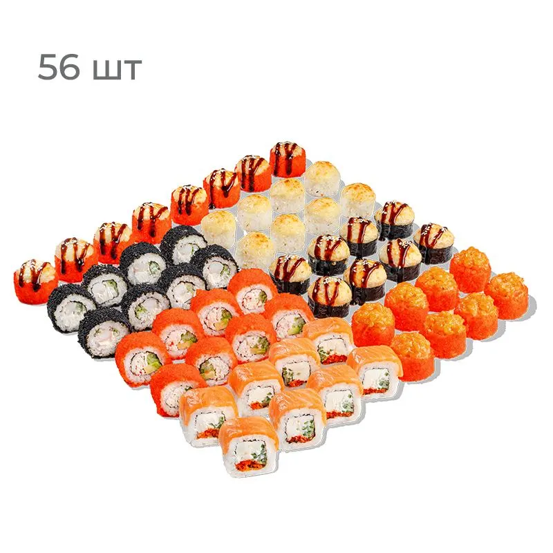 Великолепная Семерка - Сливочный Лосось, Калифорния с крабом, Черная Жемчужина, Фудзи, Сливочный Цыпленок, запеченный ролл Сливочная Креветка и ролл с острым крабом