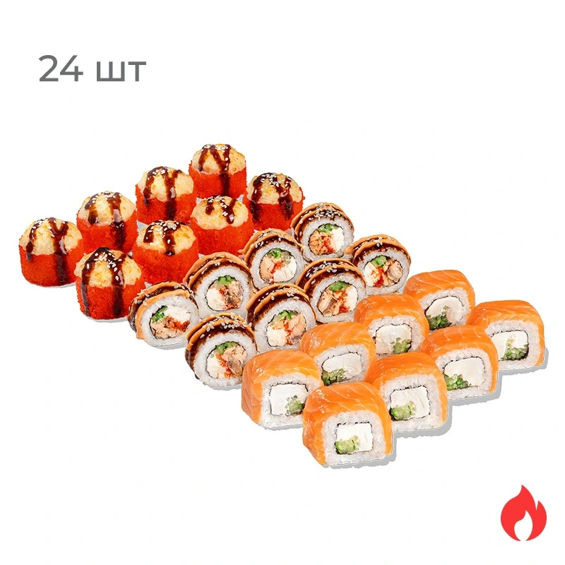 Ниндзя - Точный и быстрый, как ниндзя, этот сет не оставит голоду шанса! Филадельфия с огурцом, Лосось Терияки и ролл с острым крабом