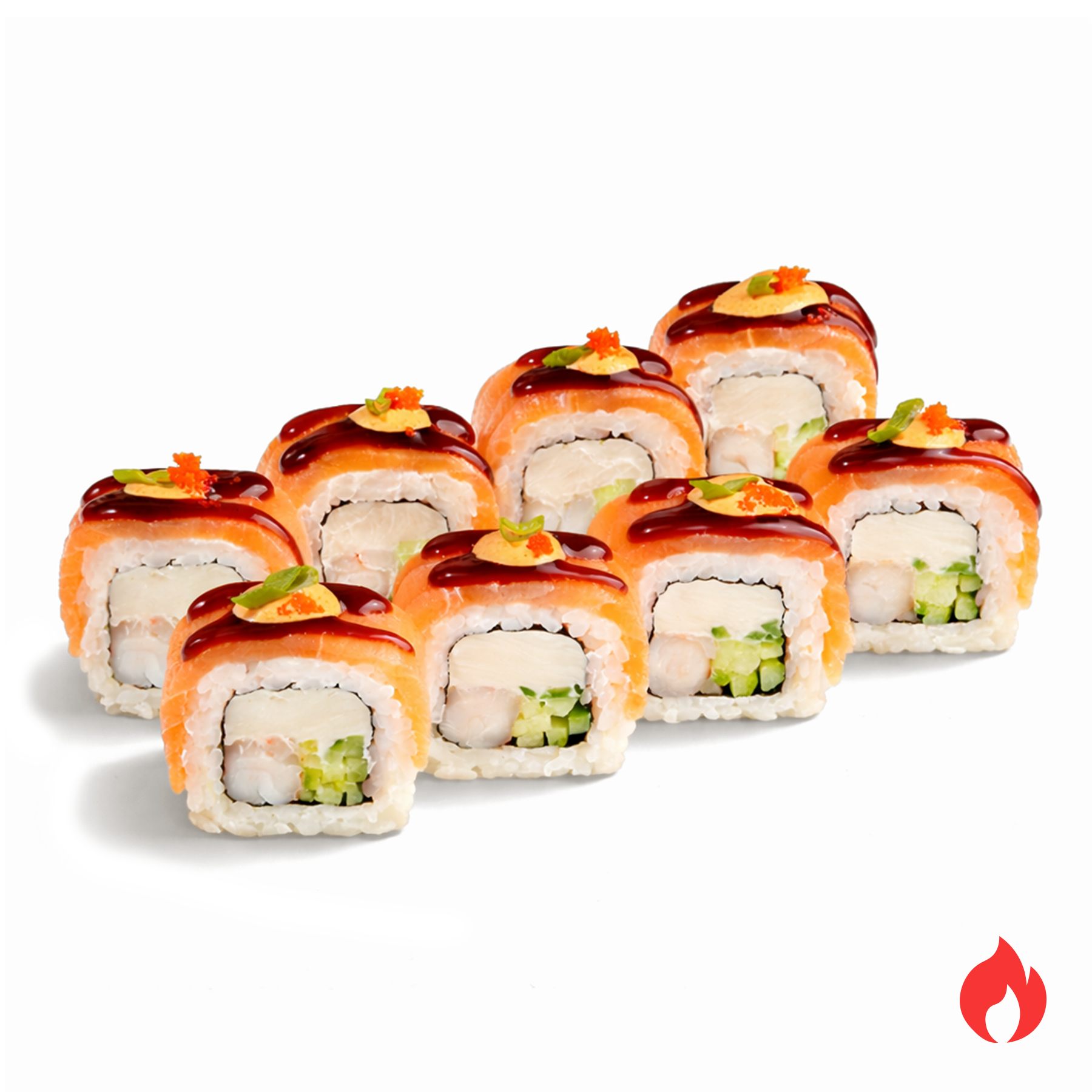 Ролл Филадельфия Никкей - Свежий лосось, ароматные креветки, хрустящий огурчик, сливочный сыр, икра масаго, зеленый лук, соус унаги и пикантный соус