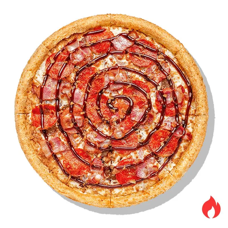 Супермясная Барбекю - Бекон, ветчина, итальянские колбаски, пикантная пепперони, сыр чеддер, моцарелла, соус барбекю и жареный лук