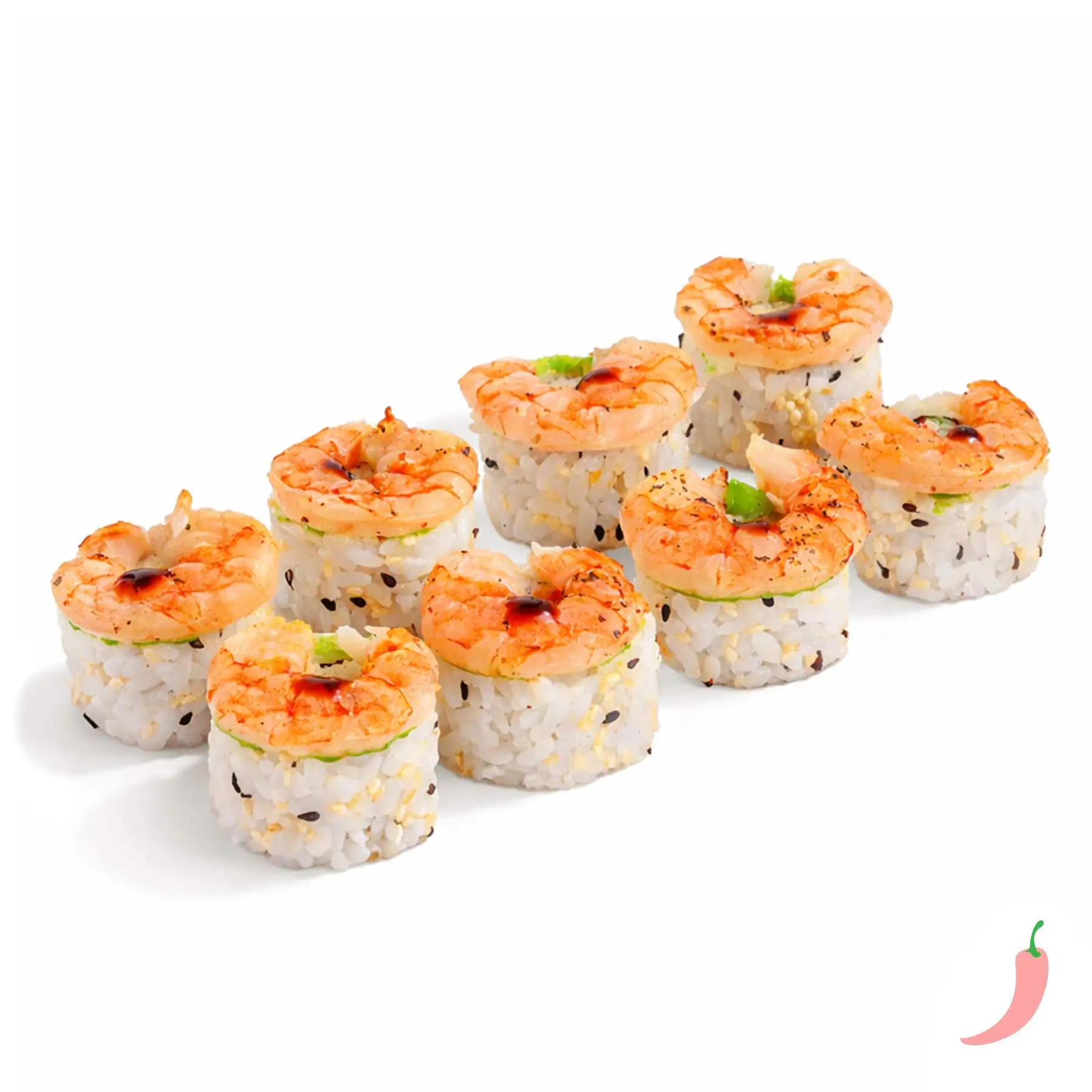 Ролл Креветка Васаби - Ароматные креветки, крабовый микс, хрустящий огурчик, соус васаби, кунжут и соус унаги