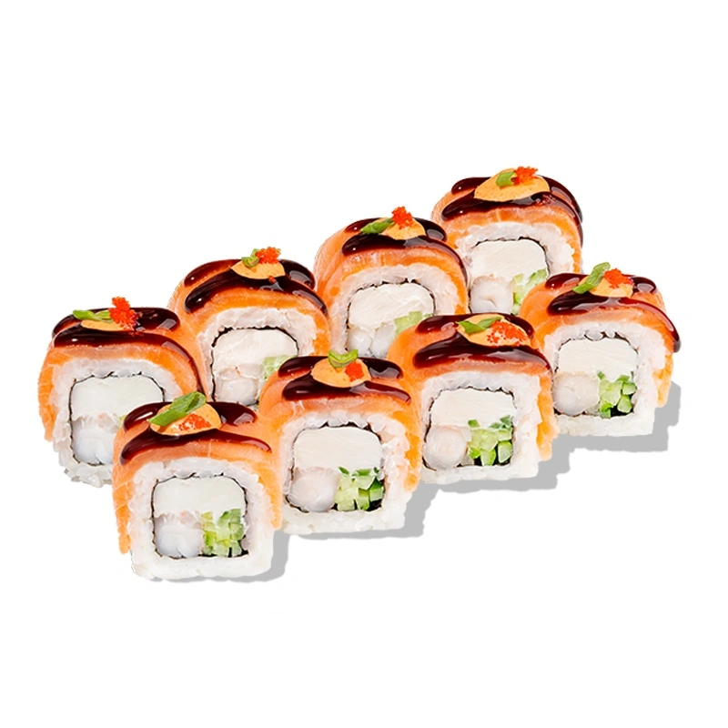 Ролл Филадельфия Никкей - Свежий лосось, ароматные креветки, хрустящий огурчик, сливочный сыр, икра масаго, зеленый лук, соус унаги и пикантный соус