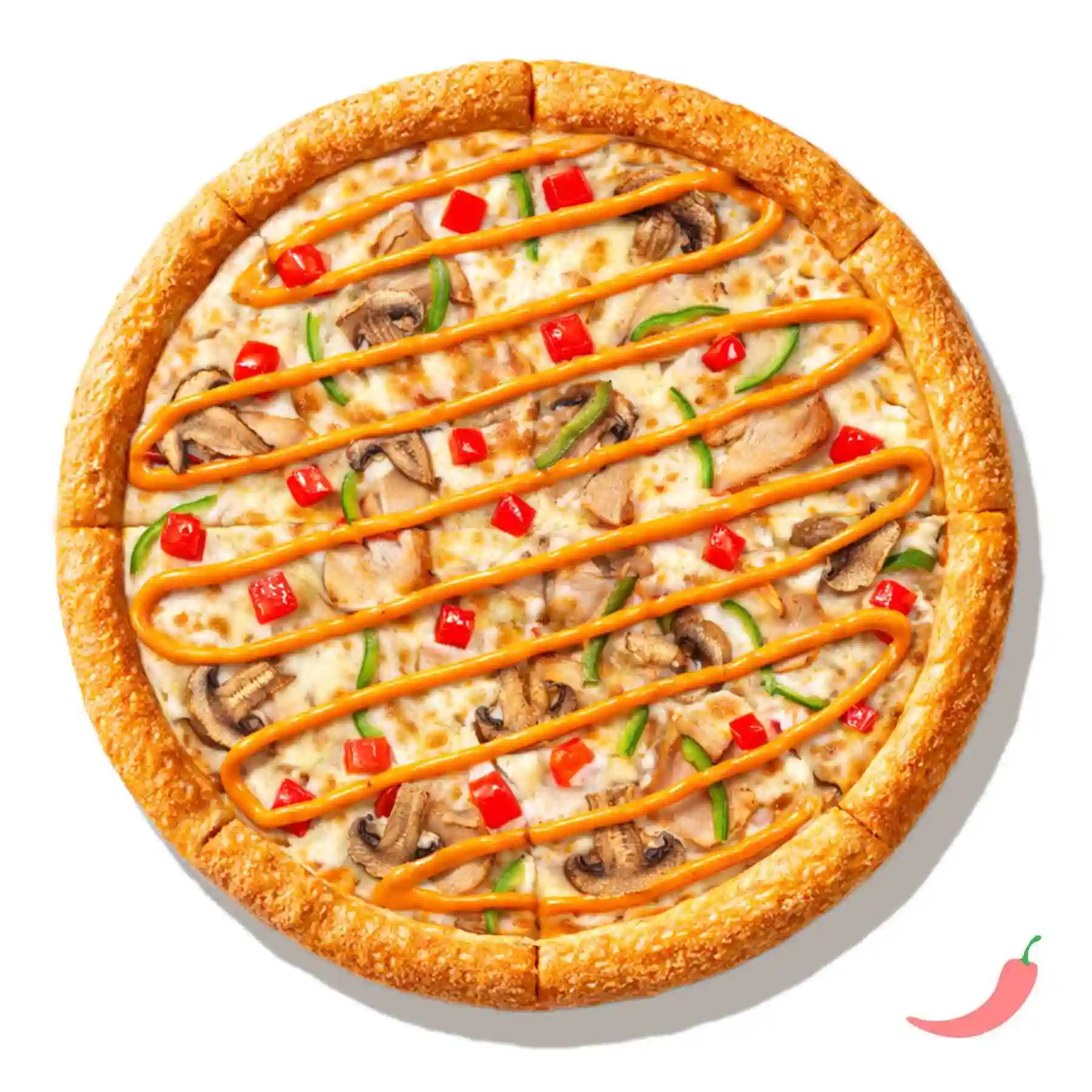 Том Ям Пицца - Легендарный вкус в формате пиццы! Идеальное сочетание цыпленка, свежих томатов, шампиньонов и сладкого перца с пикантно-сливочным пармеджано и ароматным, с кислинкой и легкой остротой, соусом том ям. Взрыв вкуса в каждом кусочке!