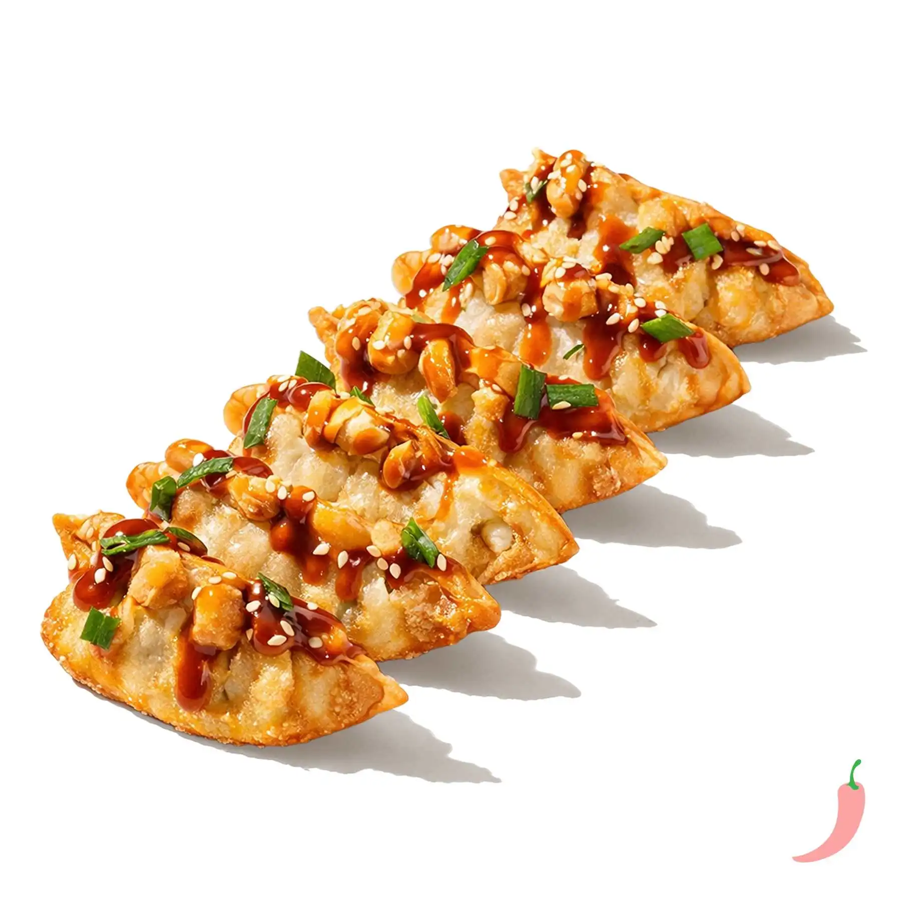 Гедза со свининой - Обжаренные во фритюре японские пельмешки со свининой под соусом тонкацу, шрирача и зеленым луком