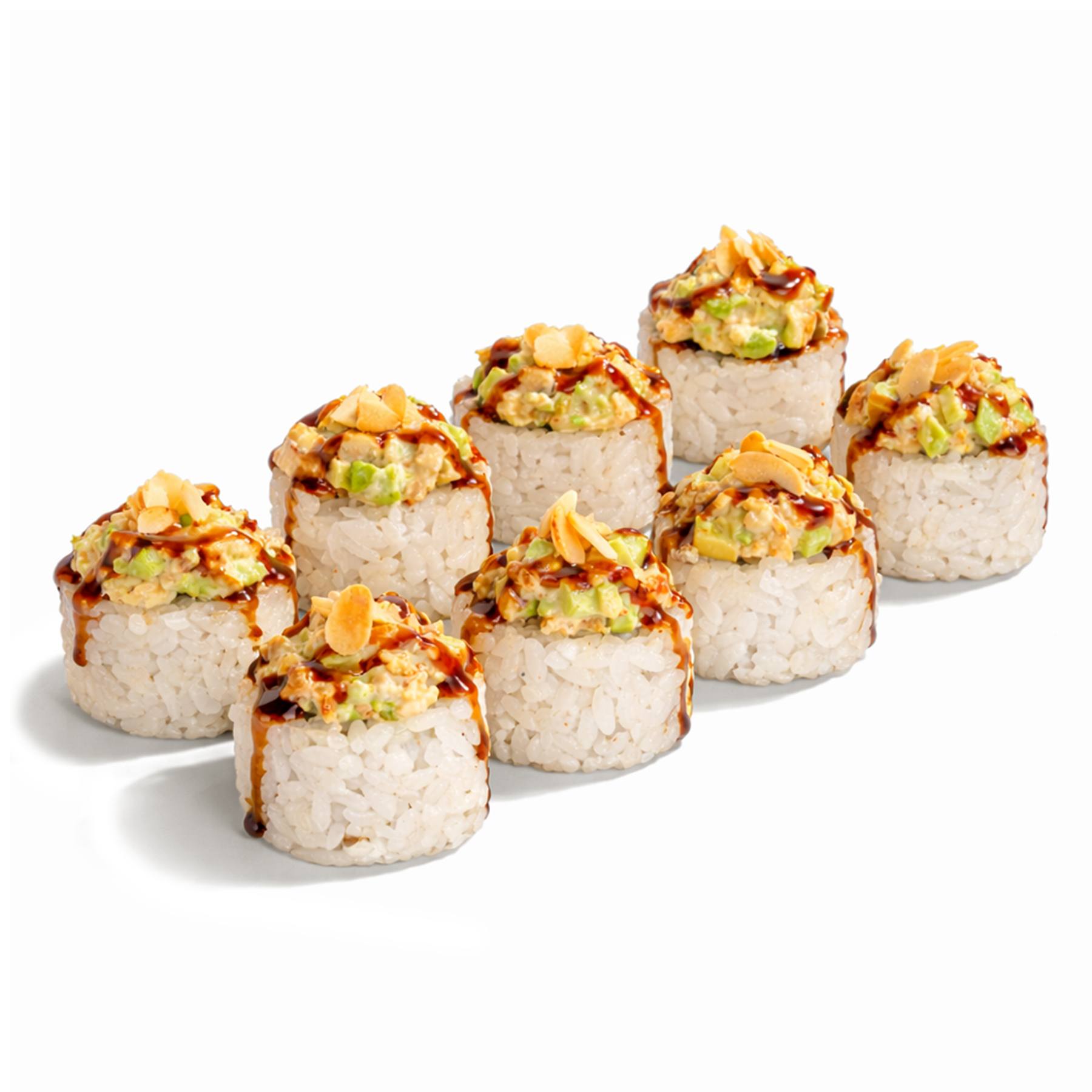 Ролл Угорь Тартар - Жареный угорь, спелый авокадо, хрустящий огурчик, сливочный сыр, японский майонез, соус унаги и арахисовые лепестки