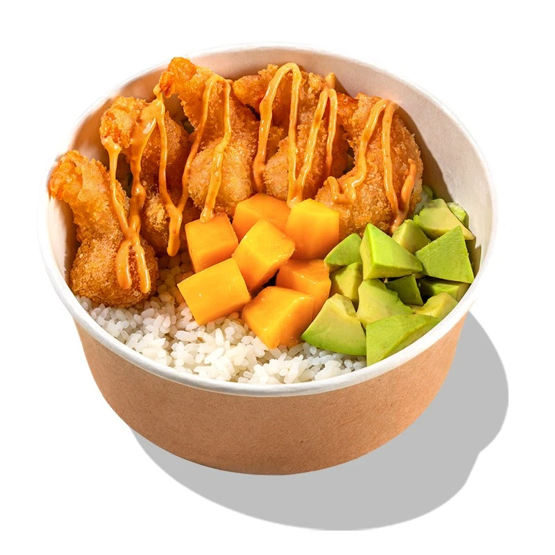 Боул Креветки Кацу с рисом и соусом Том Ям - Пять сочных креветок в хрустящей панировке с рисом, спелым авокадо, консервированным манго и пикантным соусом том ям