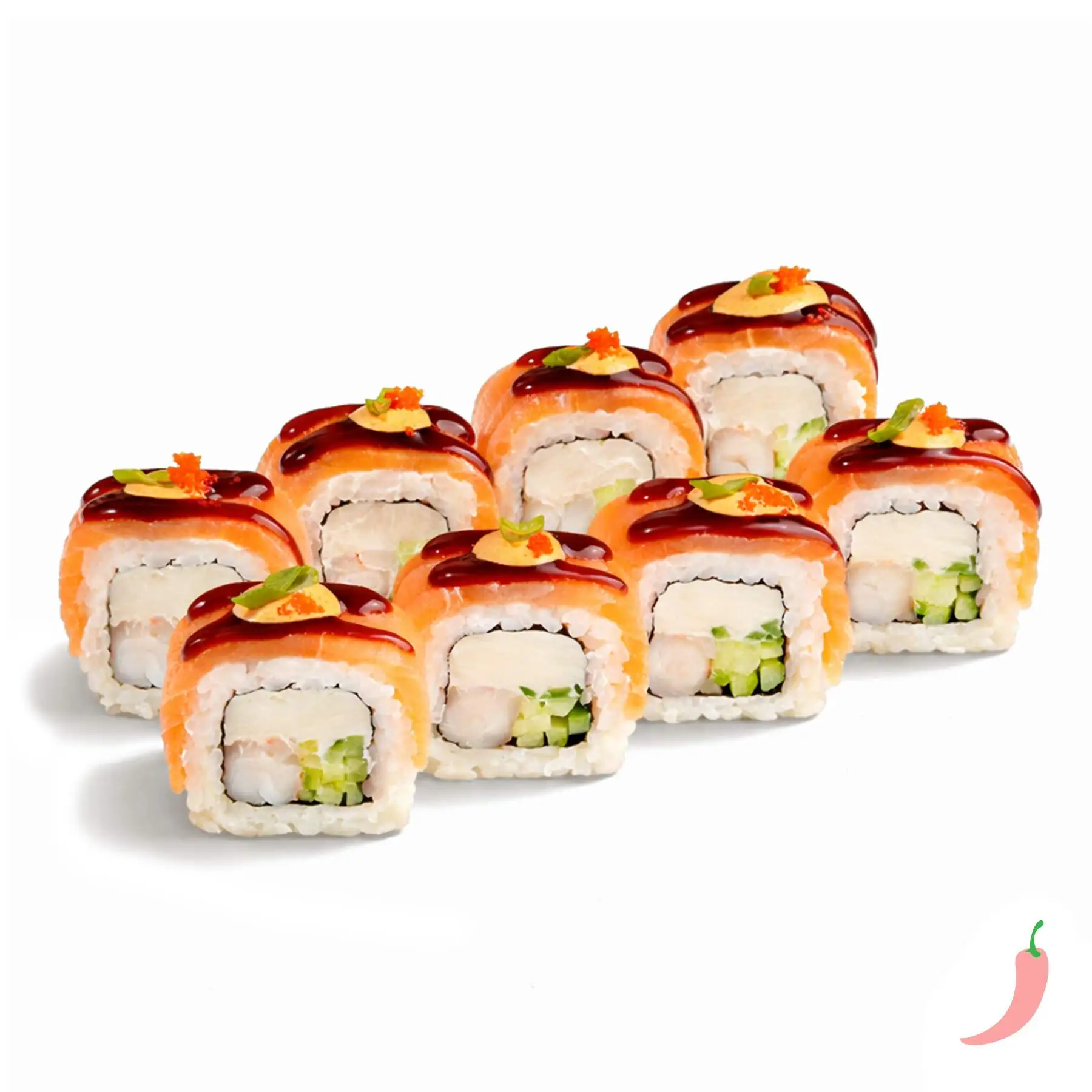 Ролл Филадельфия Никкей - Свежий лосось, ароматные креветки, хрустящий огурчик, сливочный сыр, икра масаго, зеленый лук, соус унаги и пикантный соус