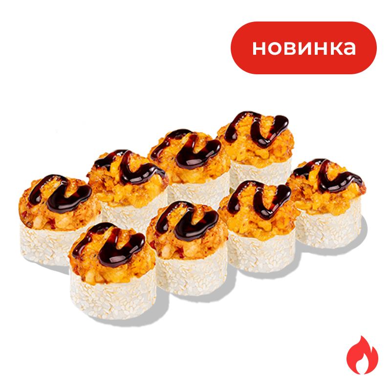 Ролл Острый угорь - Жареный угорь, хрустящий огурчик, сливочный сыр, кунжут, соус унаги и соус шрирача