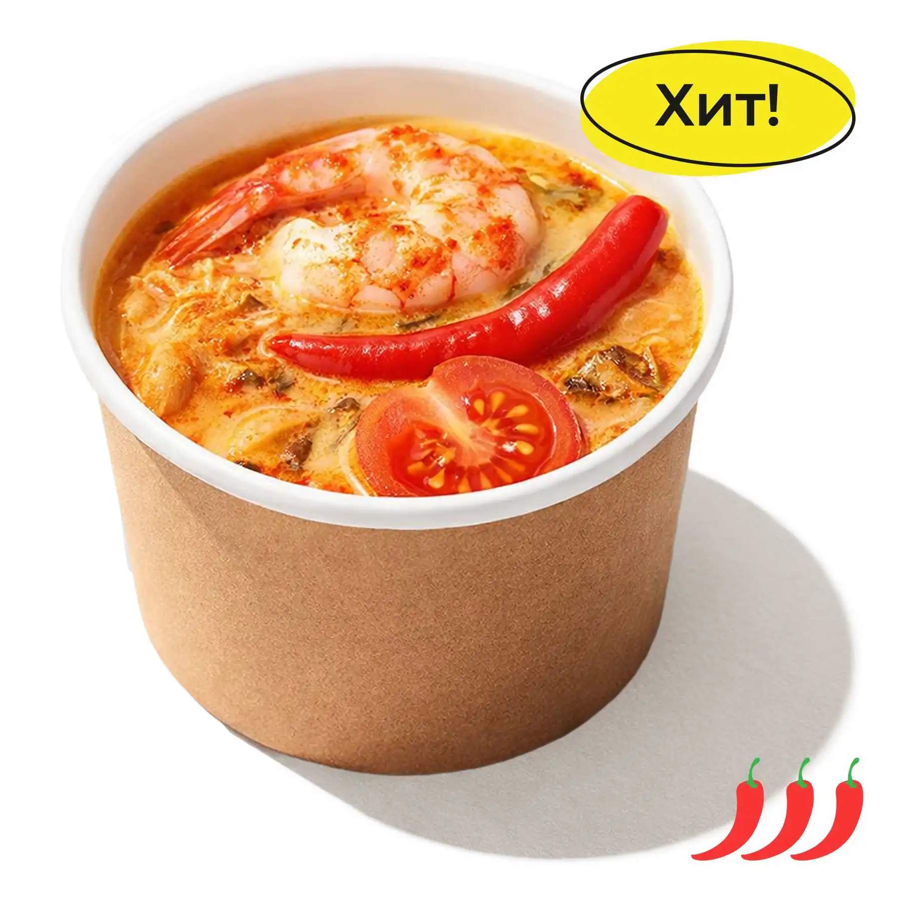 Том Ям - Наш фирменный рецепт легендарного супа на основе кокосового молока с ароматными креветками, вешенками, рисом и томатами черри. Плотный и насыщенный суп сочетающий кислинку с остротой пряностей Том Ям и сладко-сливочный вкус кокосового молока