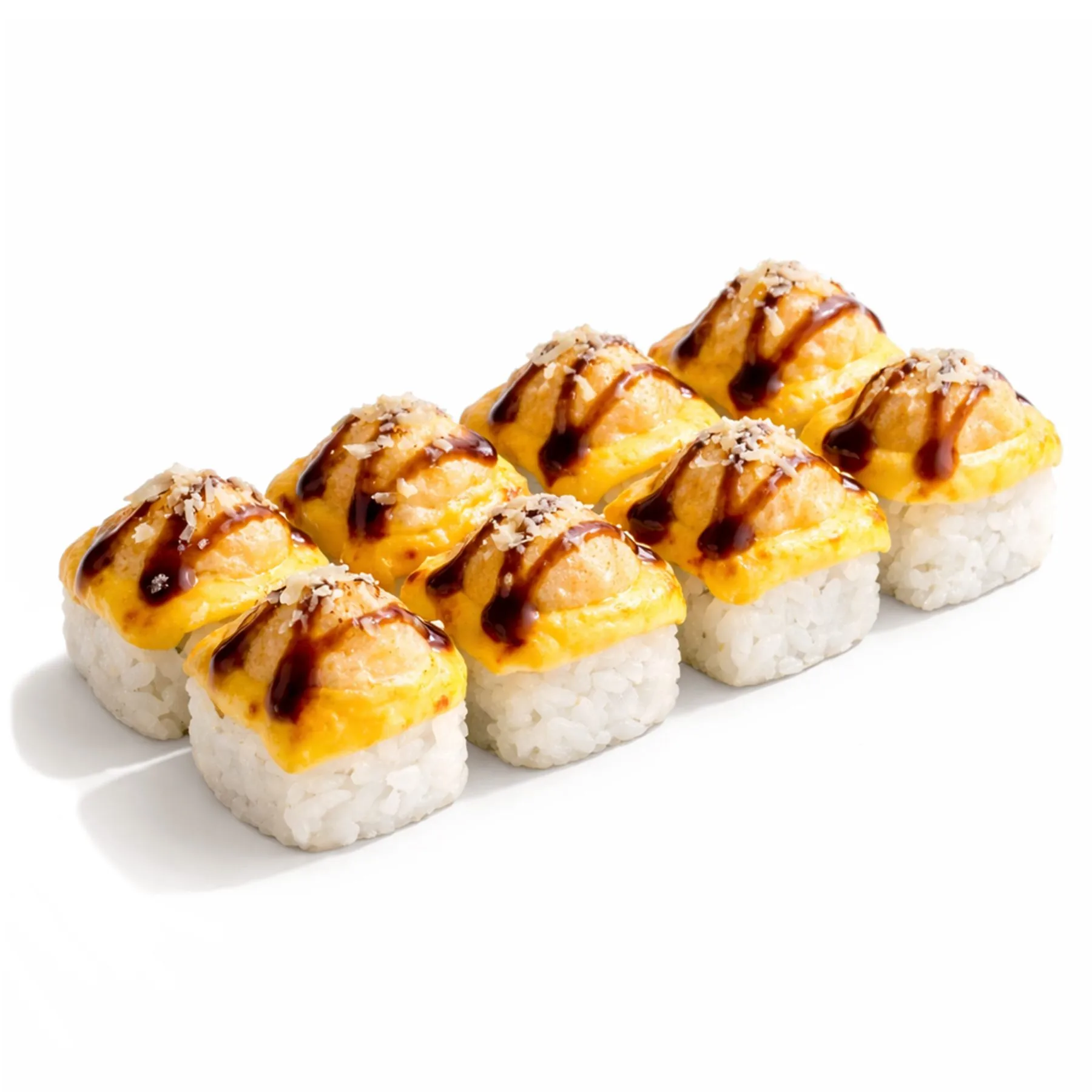 Запечённый ролл Сырный цыплёнок - Копчёный цыплёнок, томаты, сливочный сыр, чеддер, моцарелла, майонез, соус унаги и пармезан