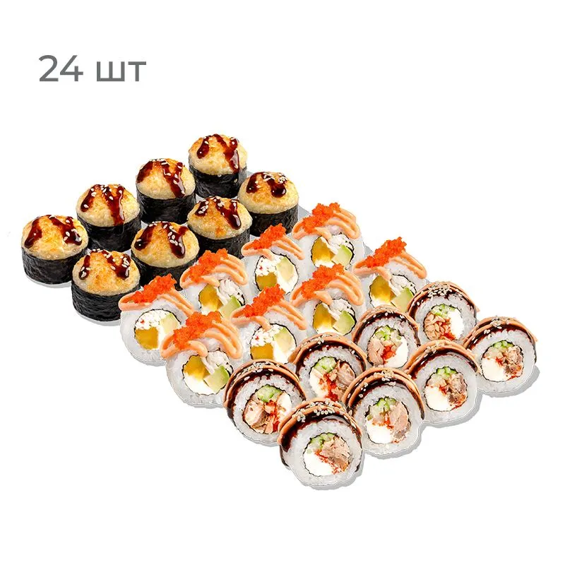 Конничева - Конничева — по-японски означает «Добрый день». Пусть каждый день будет добрым. В составе: Лосось Терияки, Тропический Краб и запеченный ролл Сливочная Креветка