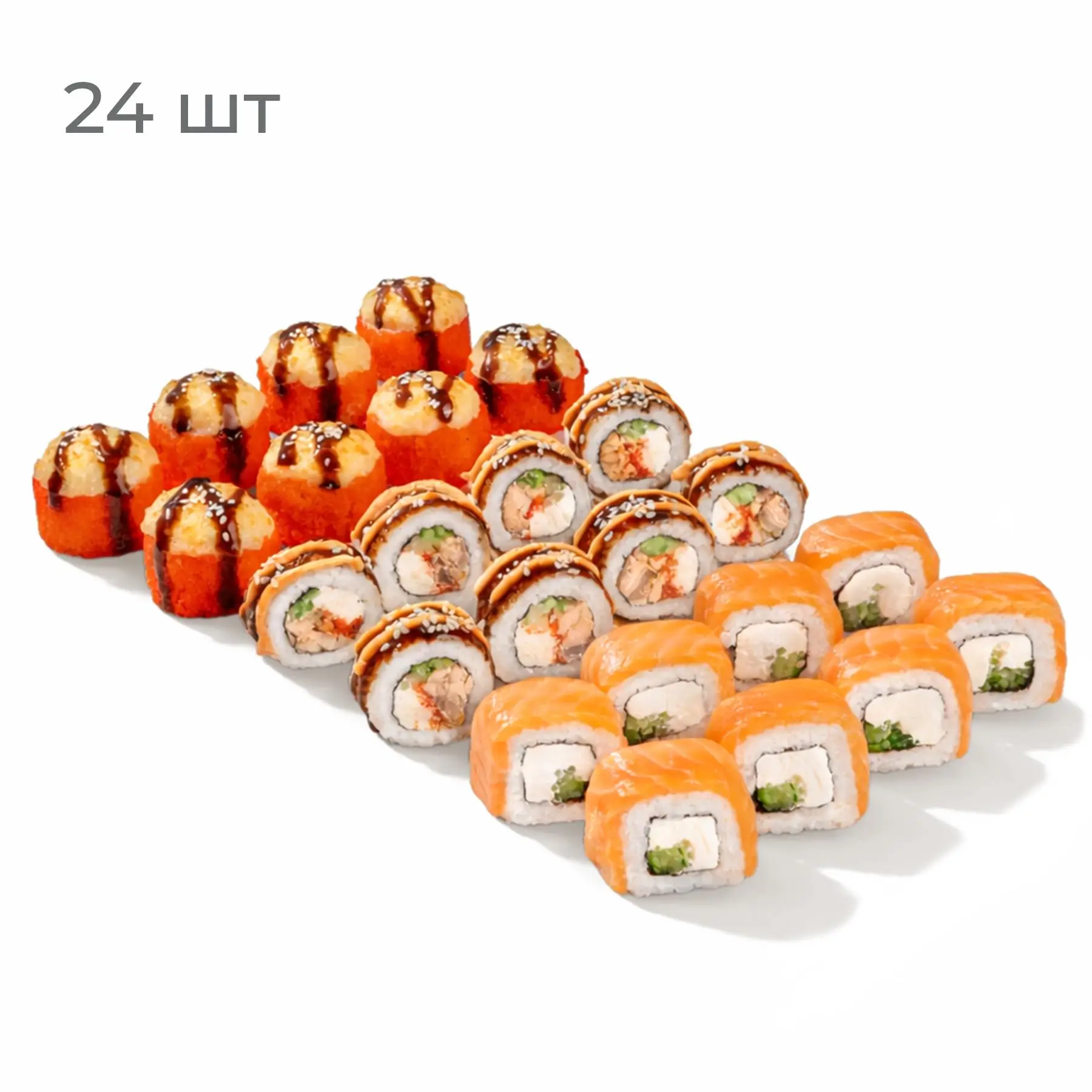 Ниндзя - Точный и быстрый, как ниндзя, этот сет не оставит голоду шанса! Филадельфия с огурцом, Лосось Терияки и ролл с острым крабом