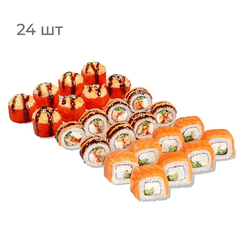 Ниндзя - Точный и быстрый, как ниндзя, этот сет не оставит голоду шанса! Филадельфия с огурцом, Лосось Терияки и ролл с острым крабом