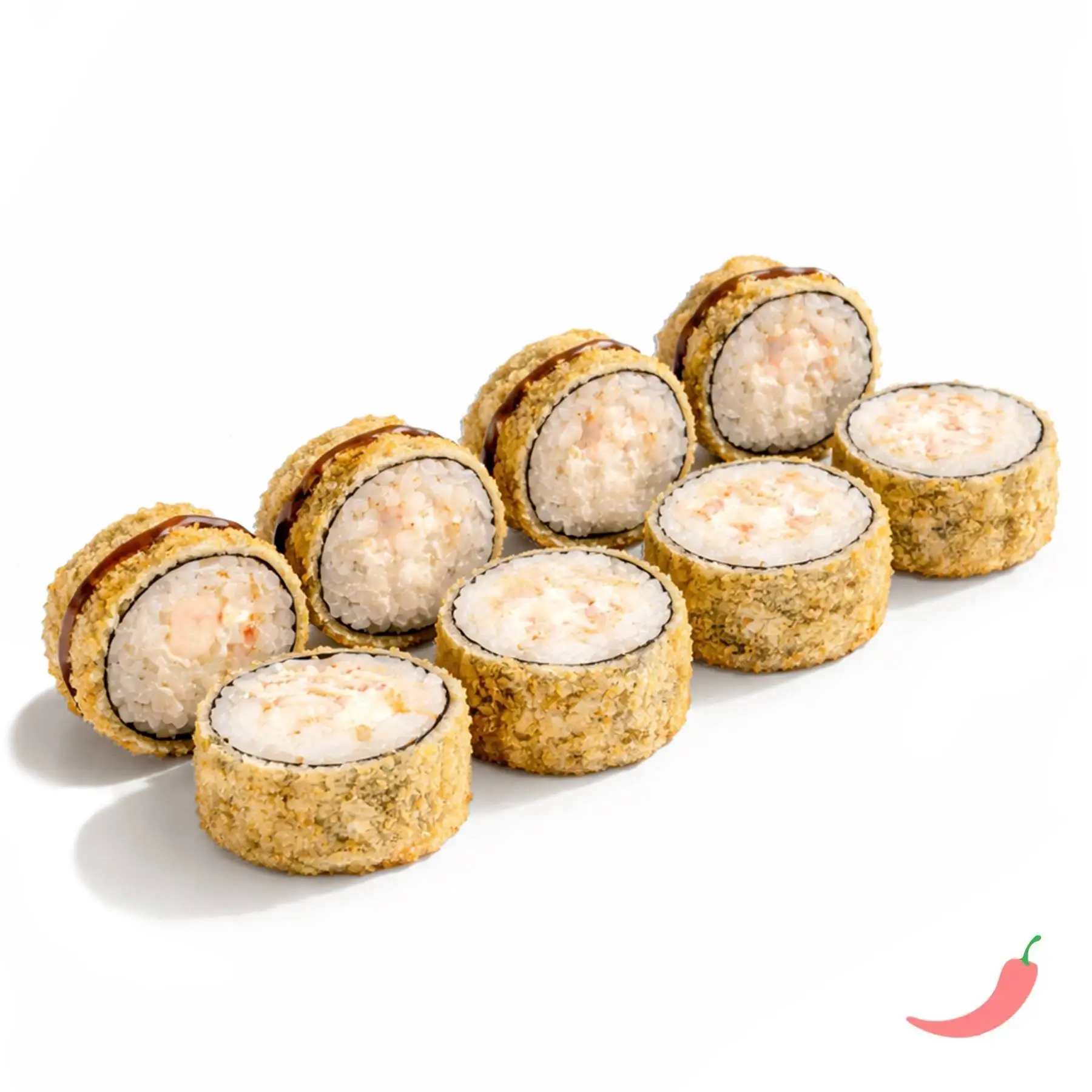 Темпура ролл с креветкой - Ароматные креветки, крабовый микс, сливочный сыр, острый соус шрирача, кляр, сухарики панко и соус унаги