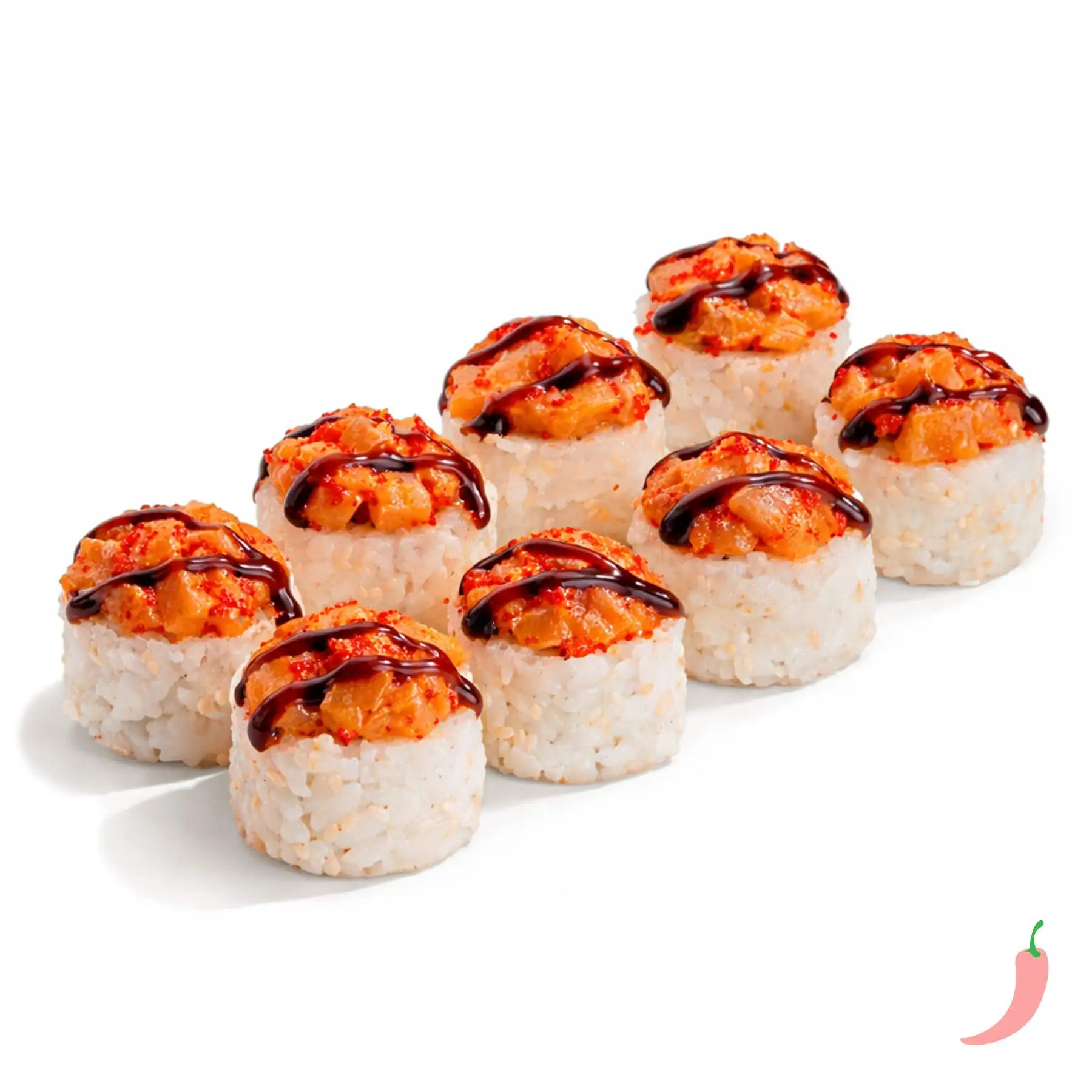 Ролл Лосось Тартар - Тартар из лосося, икры масаго и пикантного соуса, двойная порция сливочного сыра, хрустящий огурчик, соус унаги и белый кунжут