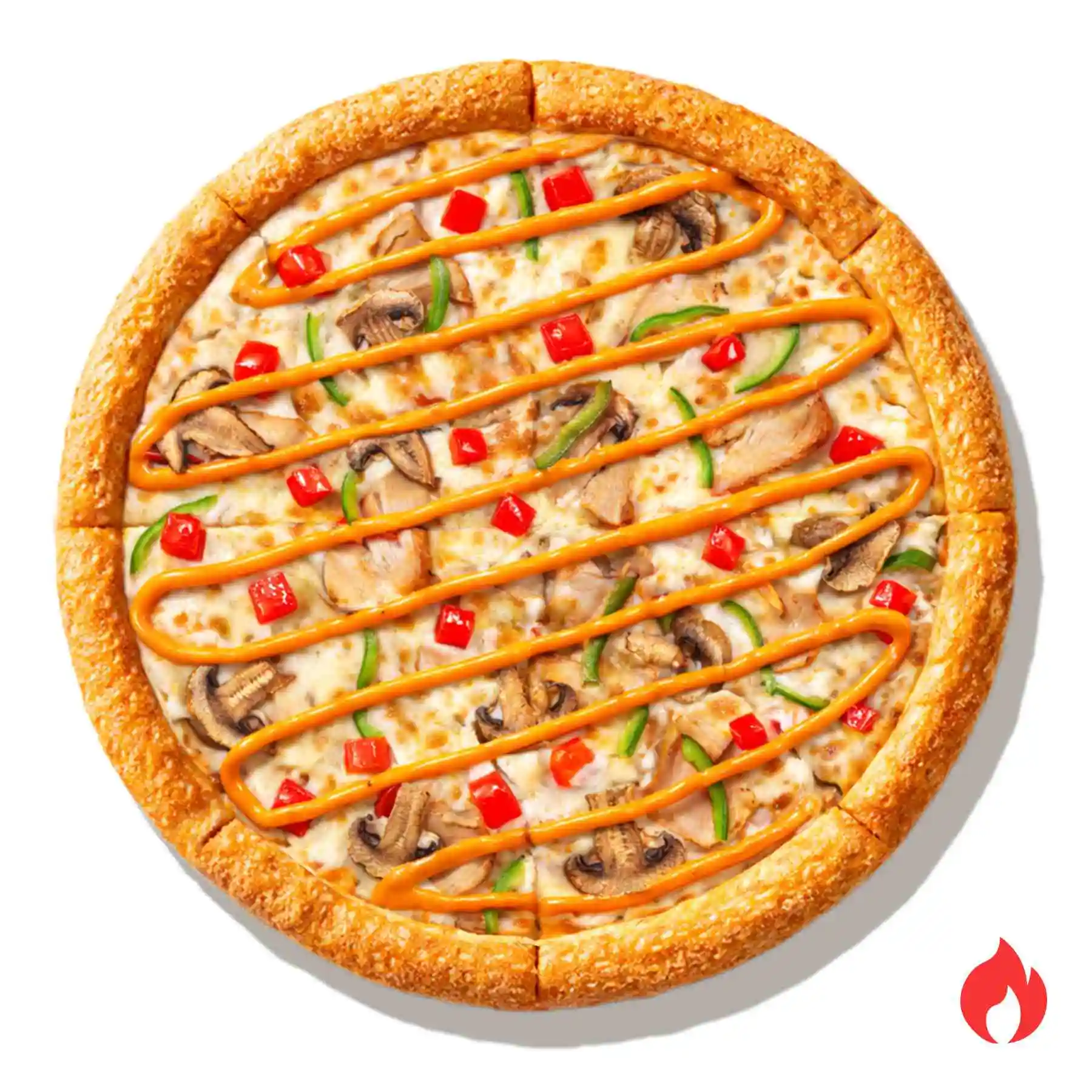 Том Ям Пицца - Легендарный вкус в формате пиццы! Идеальное сочетание цыпленка, свежих томатов, шампиньонов и сладкого перца с пикантно-сливочным пармеджано и ароматным, с кислинкой и легкой остротой, соусом том ям. Взрыв вкуса в каждом кусочке!