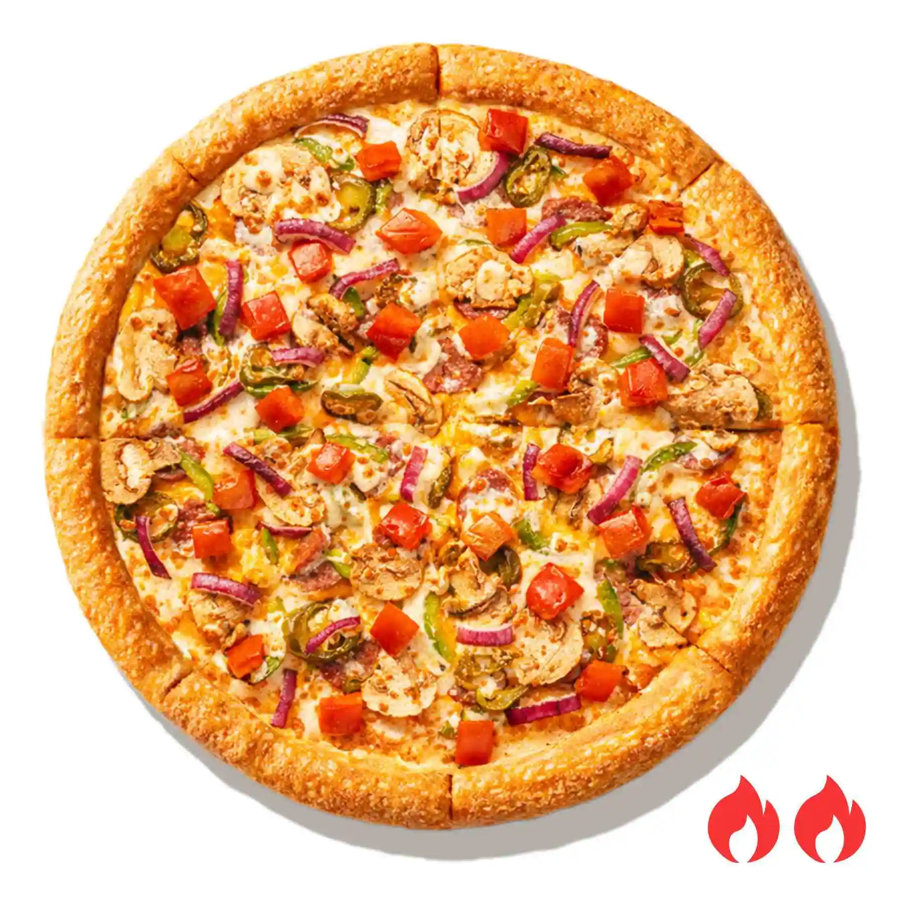 Нью Мексико - Цыплёнок, сладкий перец, томаты, шампиньоны, красный лук, острый перчик халапеньо, сыры чеддер и моцарелла, соус 1000 островов