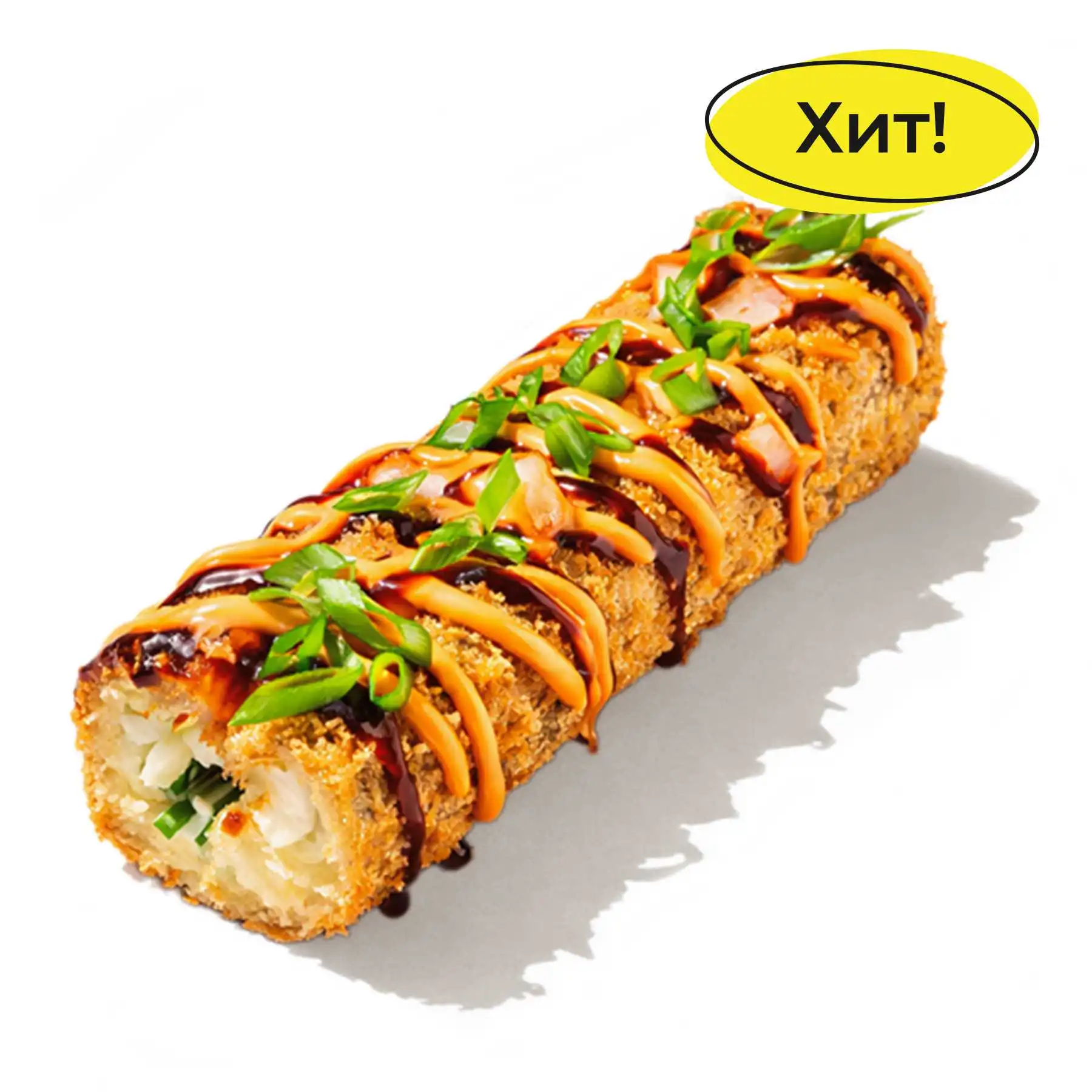 Маки-дог Том Ям - Ароматные креветки, сливочный сыр, хрустящий огурчик, рис, нори, соус унаги, зелёный лук и пикантный соус том ям