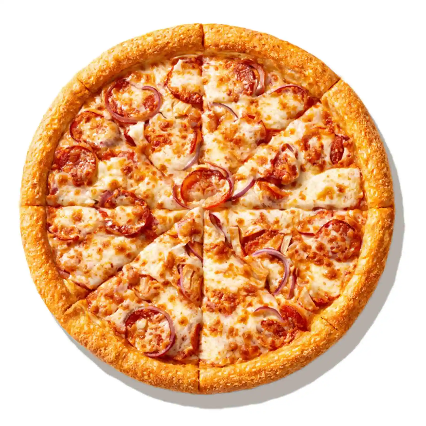 Мясная - Пикантная пепперони, ветчина, острая чоризо, цыпленок, моцарелла, томатный соус