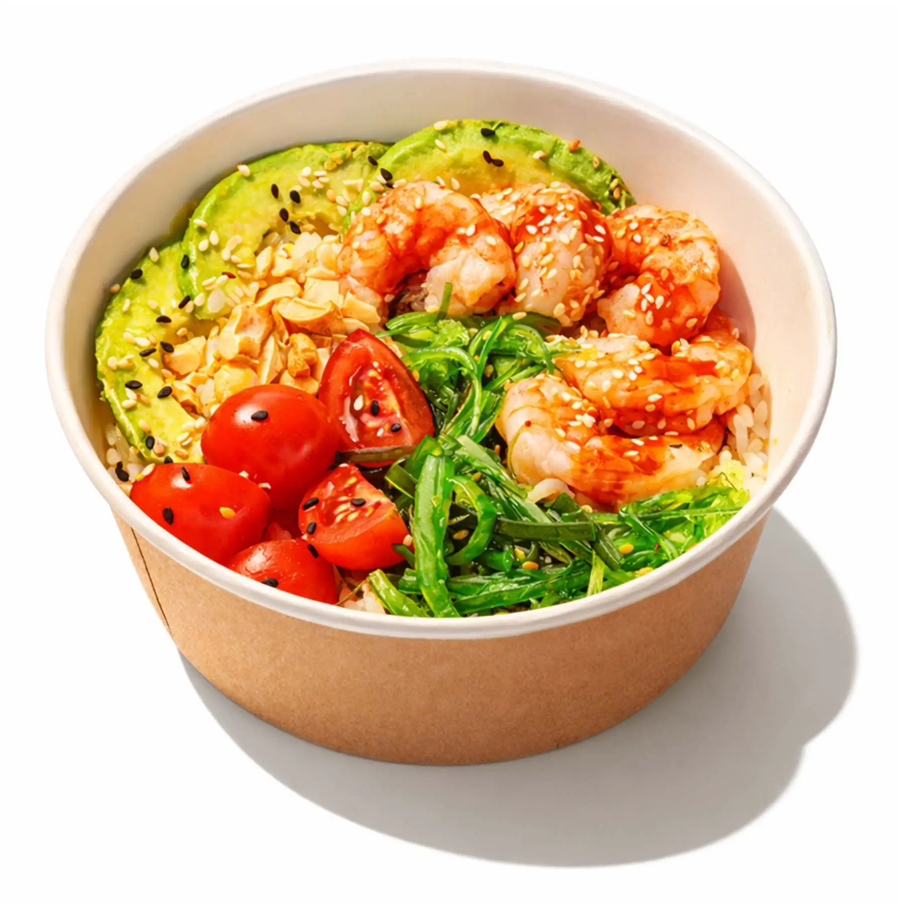 Поке с креветками - Ароматные креветки, спелое авокадо, томаты черри, сочная чука, кешью, кунжут, соус поке и рис