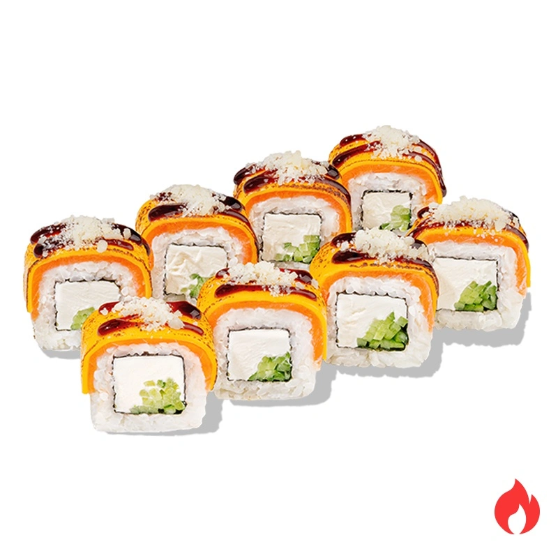 Ролл Филадельфия с чеддером и пармезаном - Свежий лосось, хрустящий огурчик, сливочный сыр, плавленный чеддер, соус унаги и пармезан