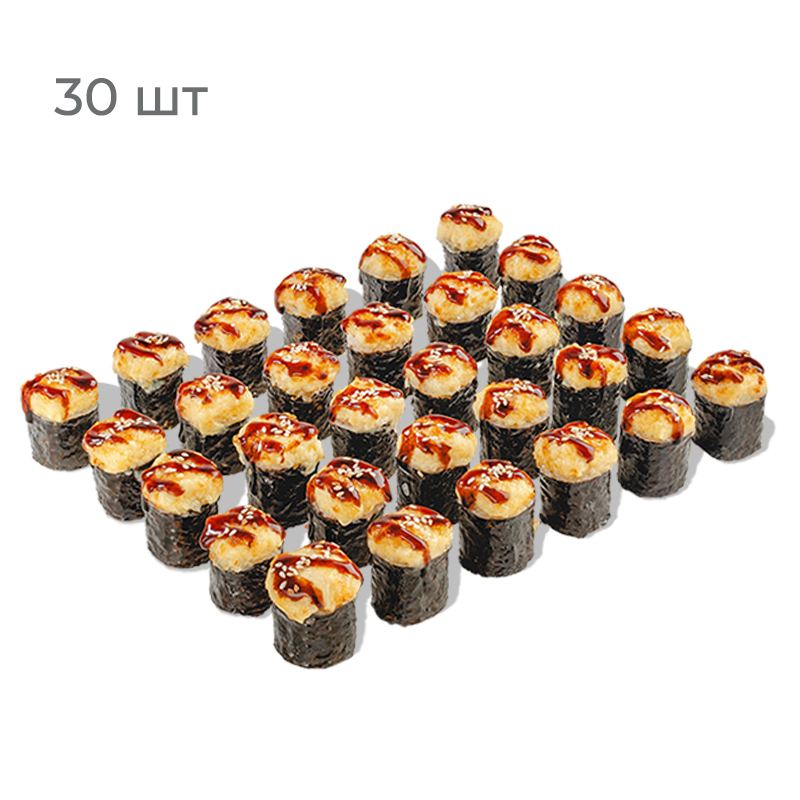 Запечённый Маки Сет - Запеченные классические роллы с лососем и сливочным сыром, креветками и сливочным сыром, крабом, лососем терияки и сливочным сыром, цыпленком и омлетом