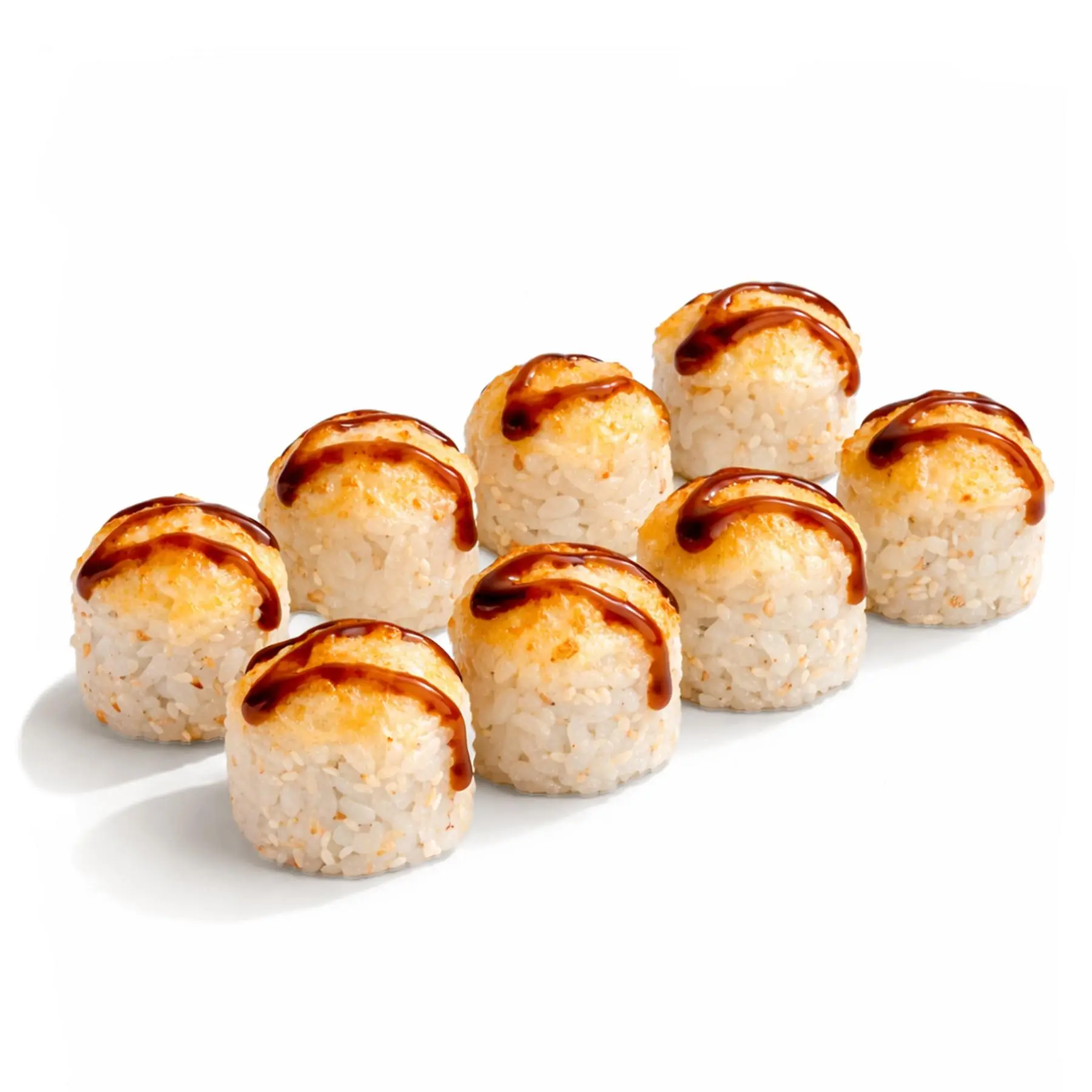 Запечённый ролл Динамит - Лосось терияки, ароматные креветки, сливочный сыр, моцарелла, майонез, соус унаги и белый кунжут