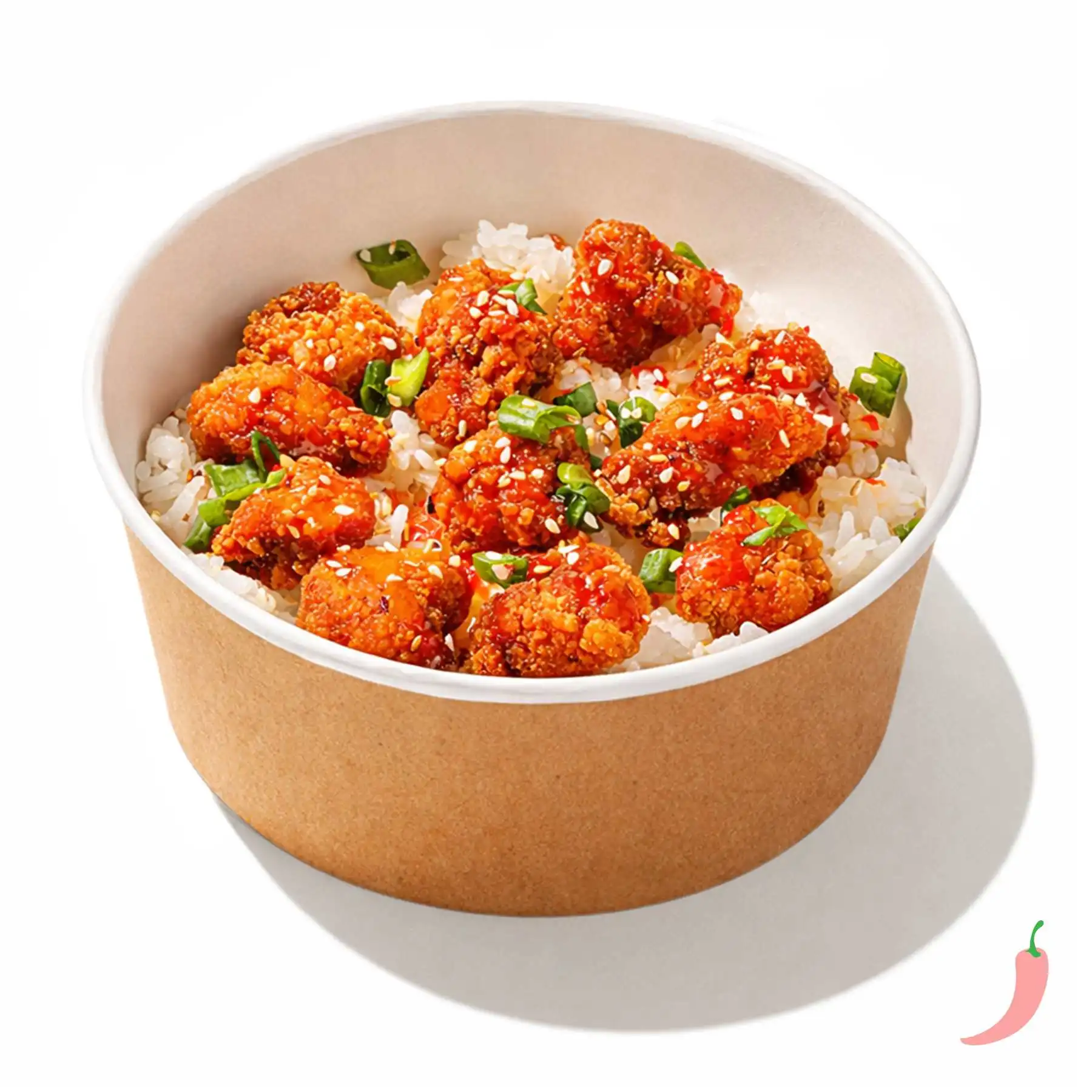 Боул с цыпленком по-корейски - Обжаренные во фритюре куриные кусочки с рисом, зеленым луком и сеульским соусом с арахисом