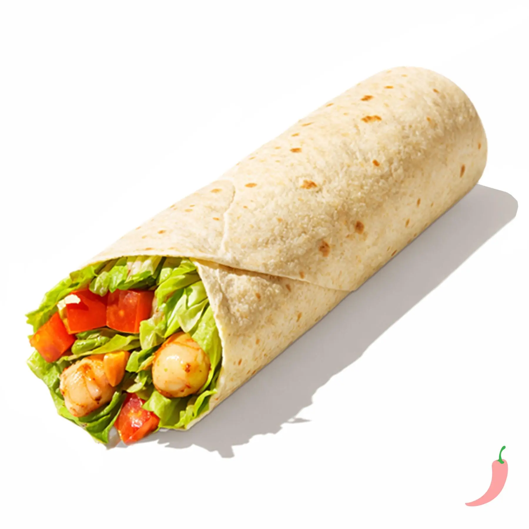 Рап Креветки Том Ям - Холодная закуска с креветками гриль, свежими томатами, хрустящим салатом айсберг и пикантным соусом том ям в тонкой пшеничной лепёшке